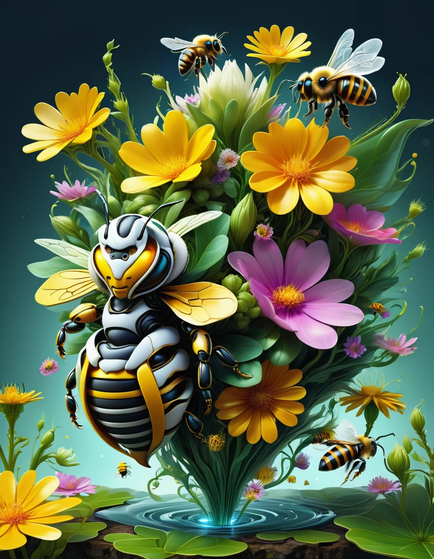 hyper detailed masterpiece, dynamic, awesome quality,floating liquid plant DonMW15pXL, bee, flower