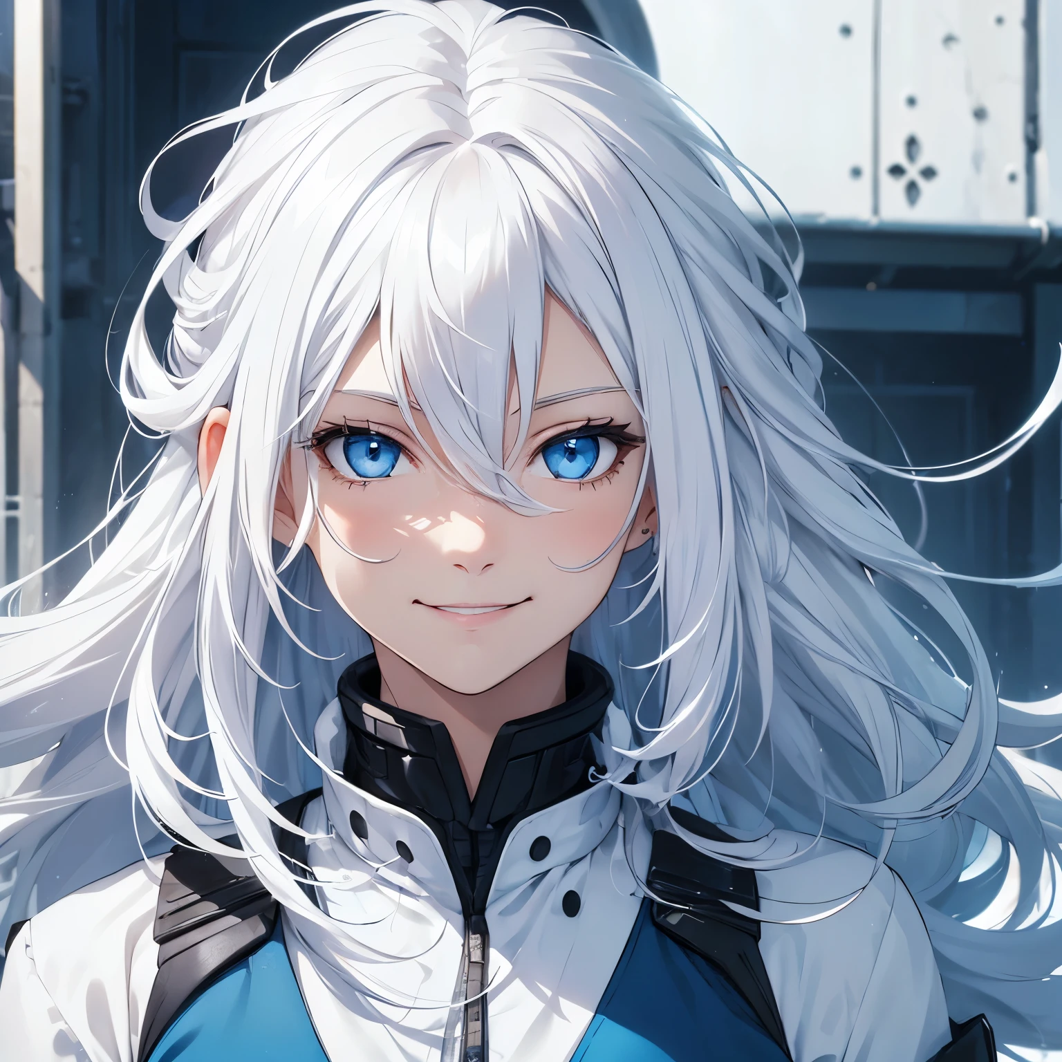 ((White messy hair,)) ((Blue eyes,)) 1 female, ((smile,)) portrait, hair flowing upwards