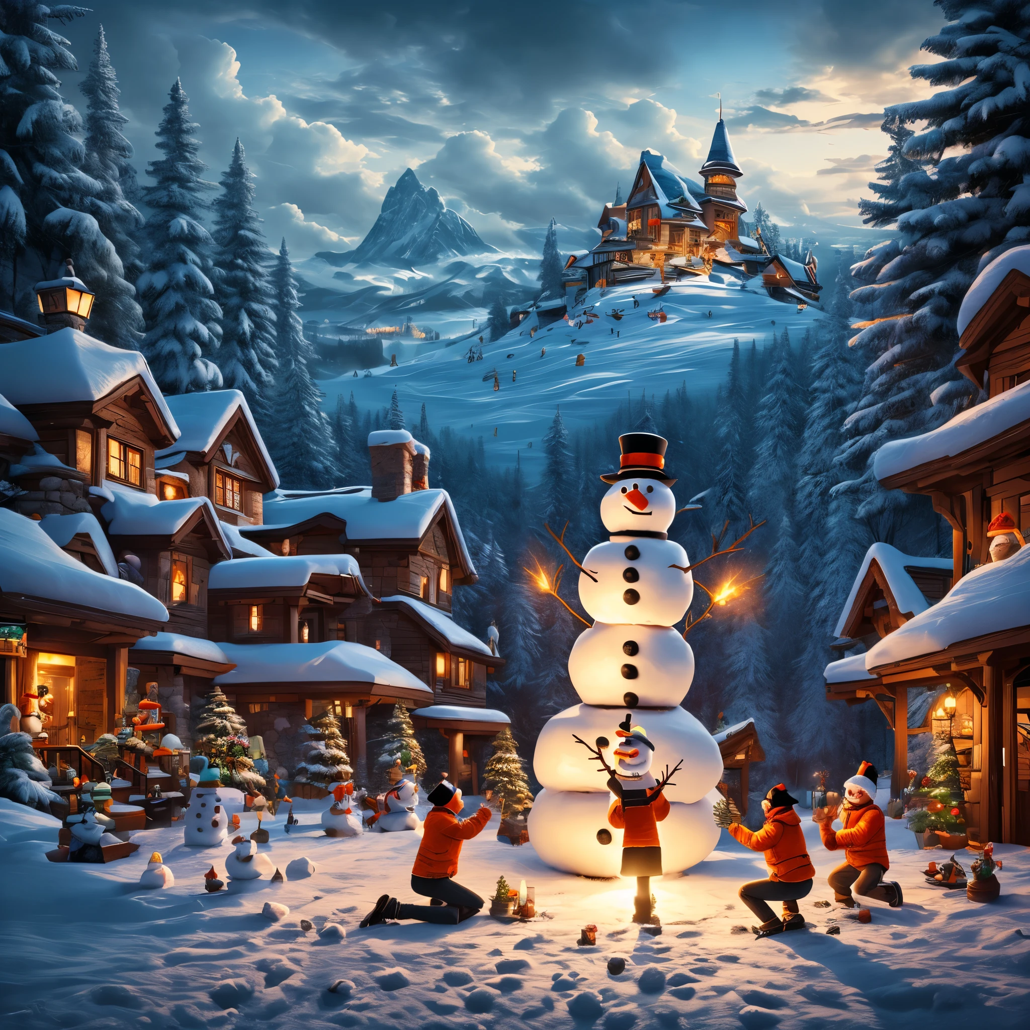 Shooting from a lower point, dynamic composition,
Secret eastern cult worshipping Snowman, people in orange vests and shorts praying (kneeling and raising their hands) in front of a big smiling Snowman. Epic, detailed, art station, masterpiece, high art.