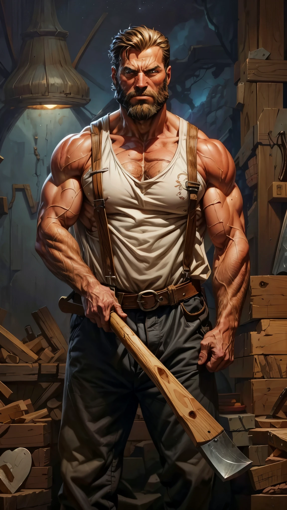 arafed man with a beard and a large wooden axe, body building blacksmith, muscular character, muscular characters, big muscles, muscular joe biden, large muscles, chiseled muscles, muscular werewolf, massive muscles, muscular male hero, buff man, masculine and strong, extreme muscles, muscular arms, muscular build, strong and muscular, muscular and terrifying