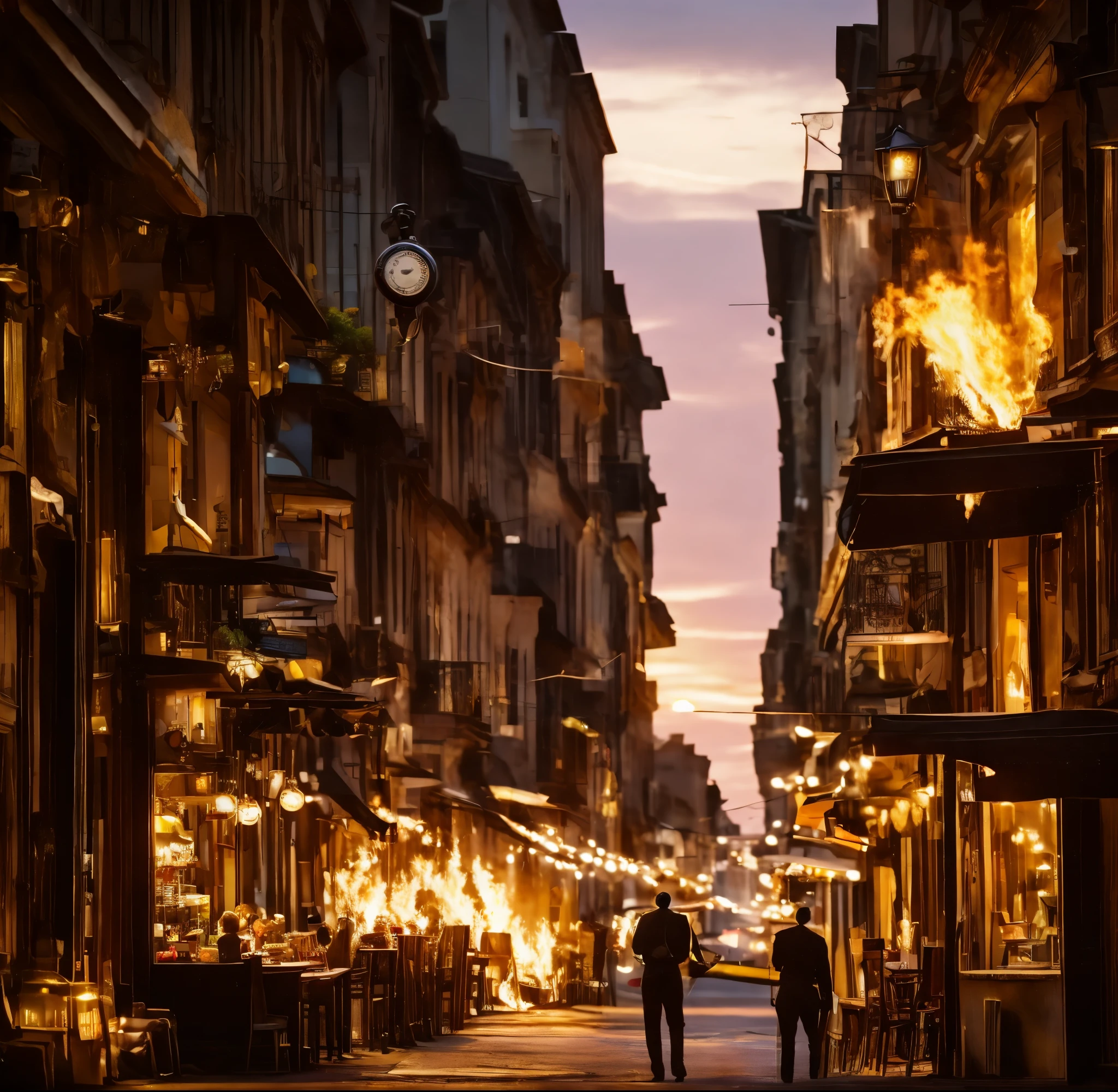 A man in a street cafe is cutting food with a knife the food looks like a pocket watch, the food is hanging from the plate. Behind the man's back, a giraffe walks down a sunset street with flames instead of a mane
