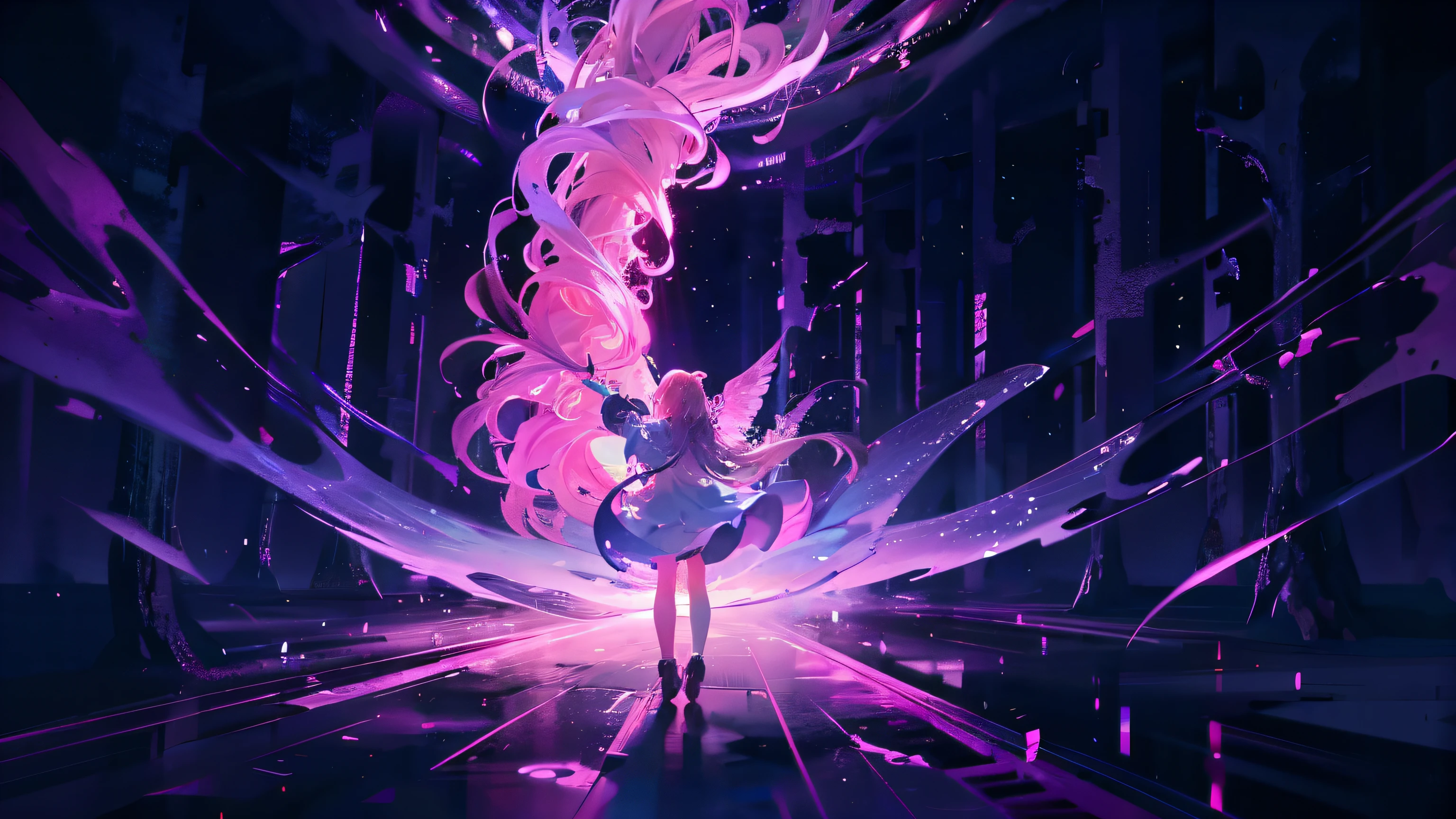 uma garota se virou segurando uma varinha no ar, the wand is releasing a beam of pink light into the sky, in the background a dense and magical forest with several winged creatures watching HD in high definition TRUE COLOR 4k hyper color neon