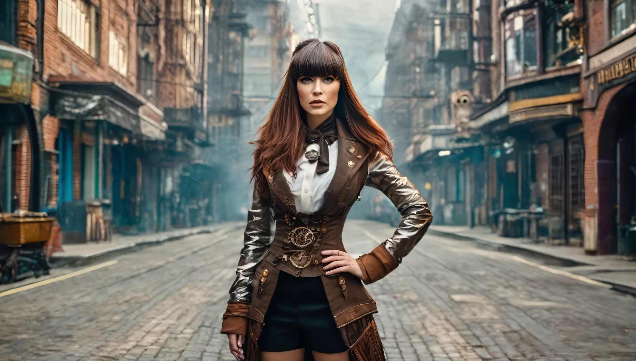 Full Body Photo Of A Woman With Straight Hair And A Fringe Hairstyle, heroic stance, Sci-Fi Steampunk street Background