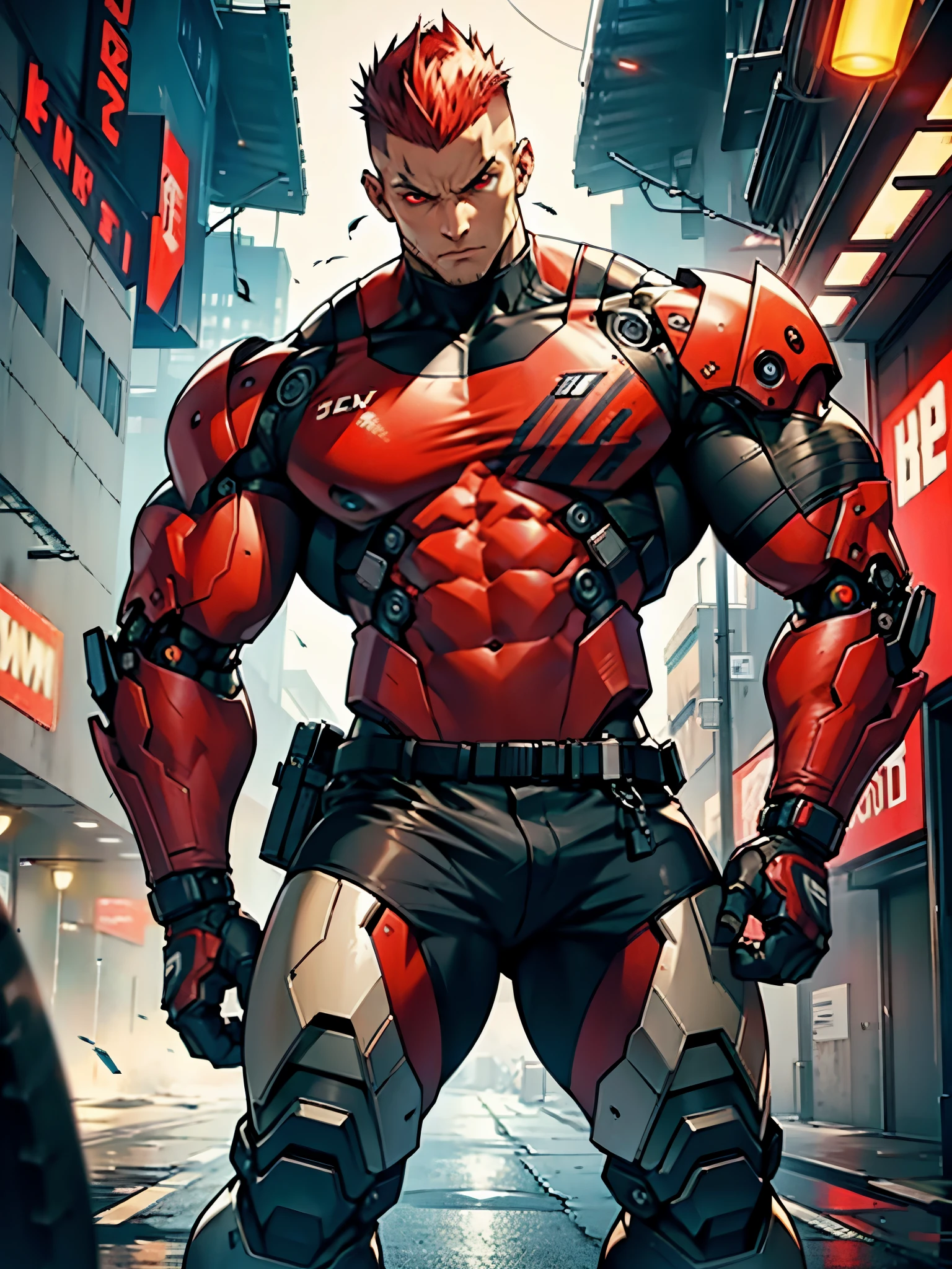 humanoid juggernauts with bulging muscles. robot, cyborg, cybernetic organism, military uniform, tank top t-shirt, combat boots, distinctive white pale skinned head and face, complete with trademark Mohawk hairstyle, red hair, red eyes, abodoned battlefield backdrop, robotic face, dynamic fighting pose, full body shot, cowboy shot, danger atmosphere, solo, single