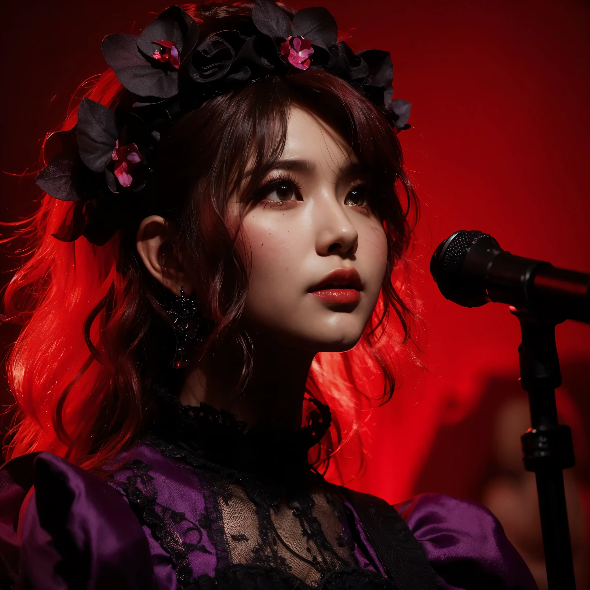 ((very sharp photo result & detailed face)) (((textile shading))), (((Best Quality))), (((masterpiece))) (((hyper realistic photo)) depth red light mood, shade keylight shoot, tight close up face of a japanese vocalist girl with black orchid crown, red wavy hair, wear purple gown black lace, detail facial pore skin, at dark stage performance red smoke on a night concert, band member as background, dark dramatic spotlight lamp on her, taken with hasselblad camera. HDR10 8K
