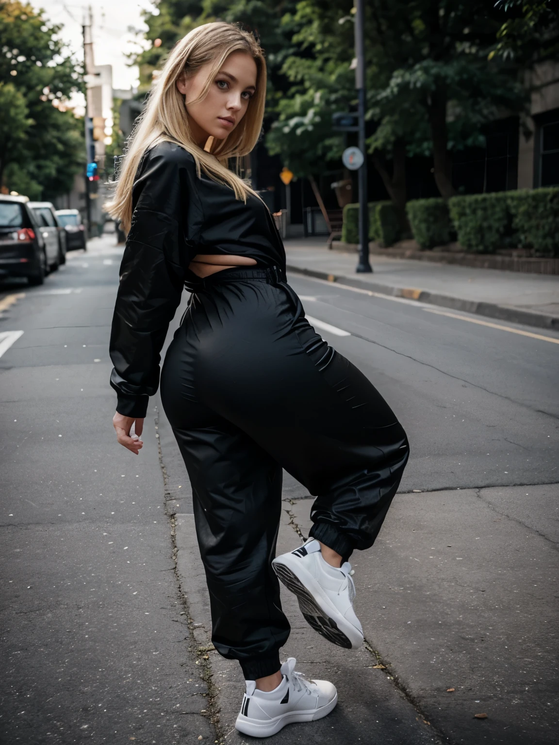 Thick blonde girl, black long jumpsuit, sneakers, big ass