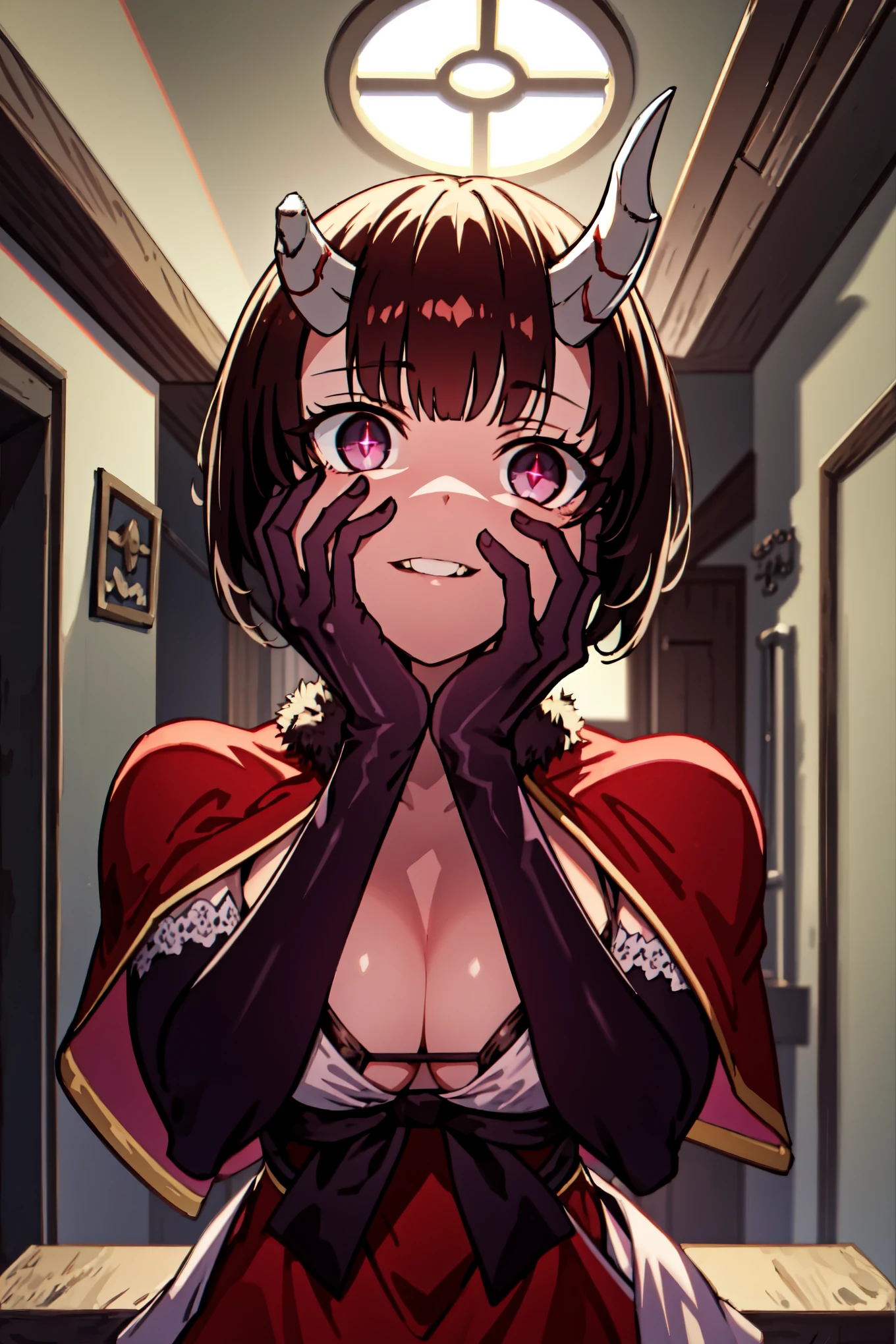 masterpiece, high quality, best quality, ultra detailed, 1girl, yandere, yandere trance, eriko, brown hair, medium breasts, bob cut, blunt bangs, red dress, red capelet, black bra, fur trim, (black elbow gloves:1.1), gauntlets, looking at viewer, hands on own face, hands on own cheeks, crazy eyes, crazy smile, glowing eyes, teeth, two horns, solo, indoors