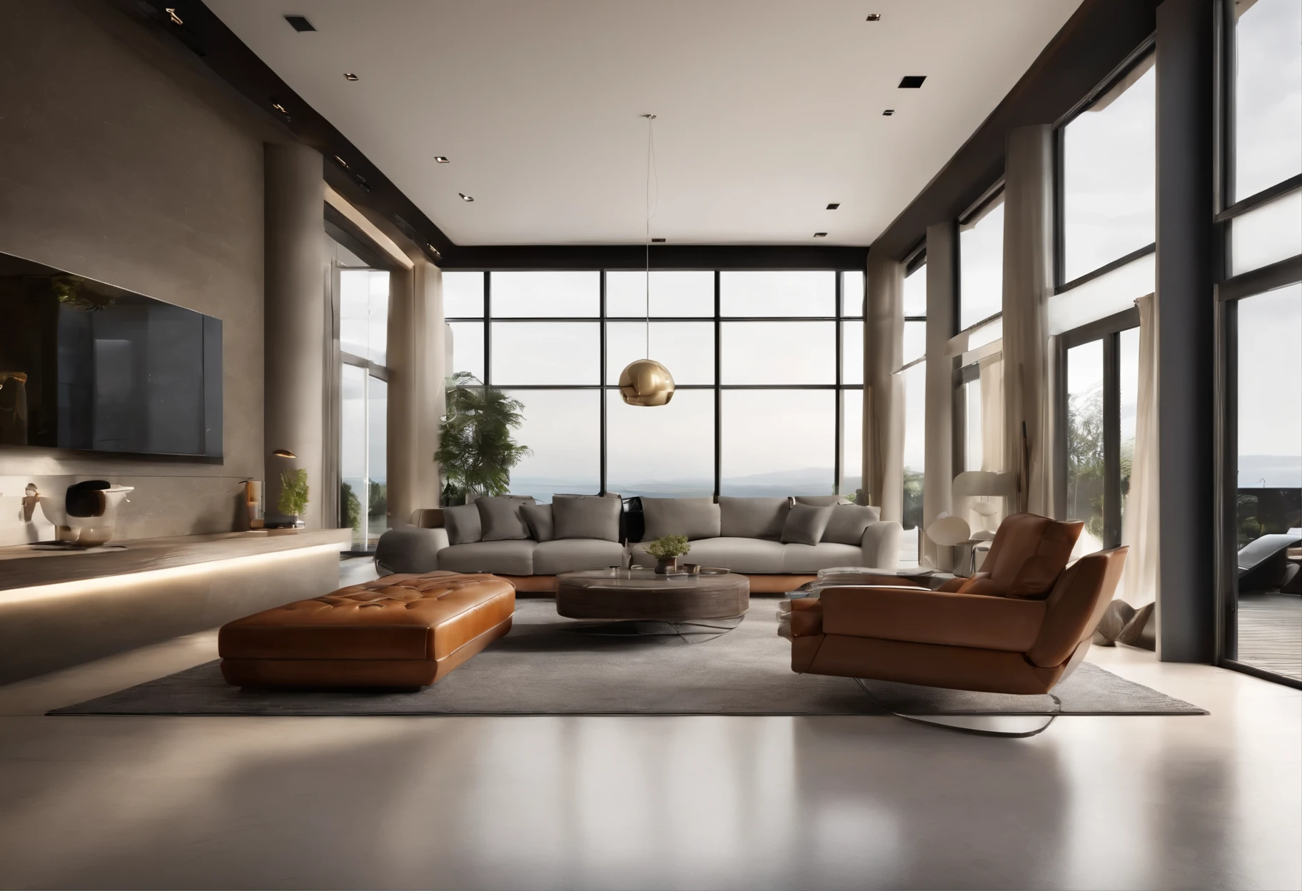 space with contemporary style natural lighting; sala con 5 sillones de cuero de 3 colores, televisor de 50 pulgadas, floor lamps on, puertas de madera oscura, ventanas con cortinas al viento, dark marble floor veneers, muros de colores claros con grandes cuadros abstractos, ambiente al anochecer, calidad 8k
