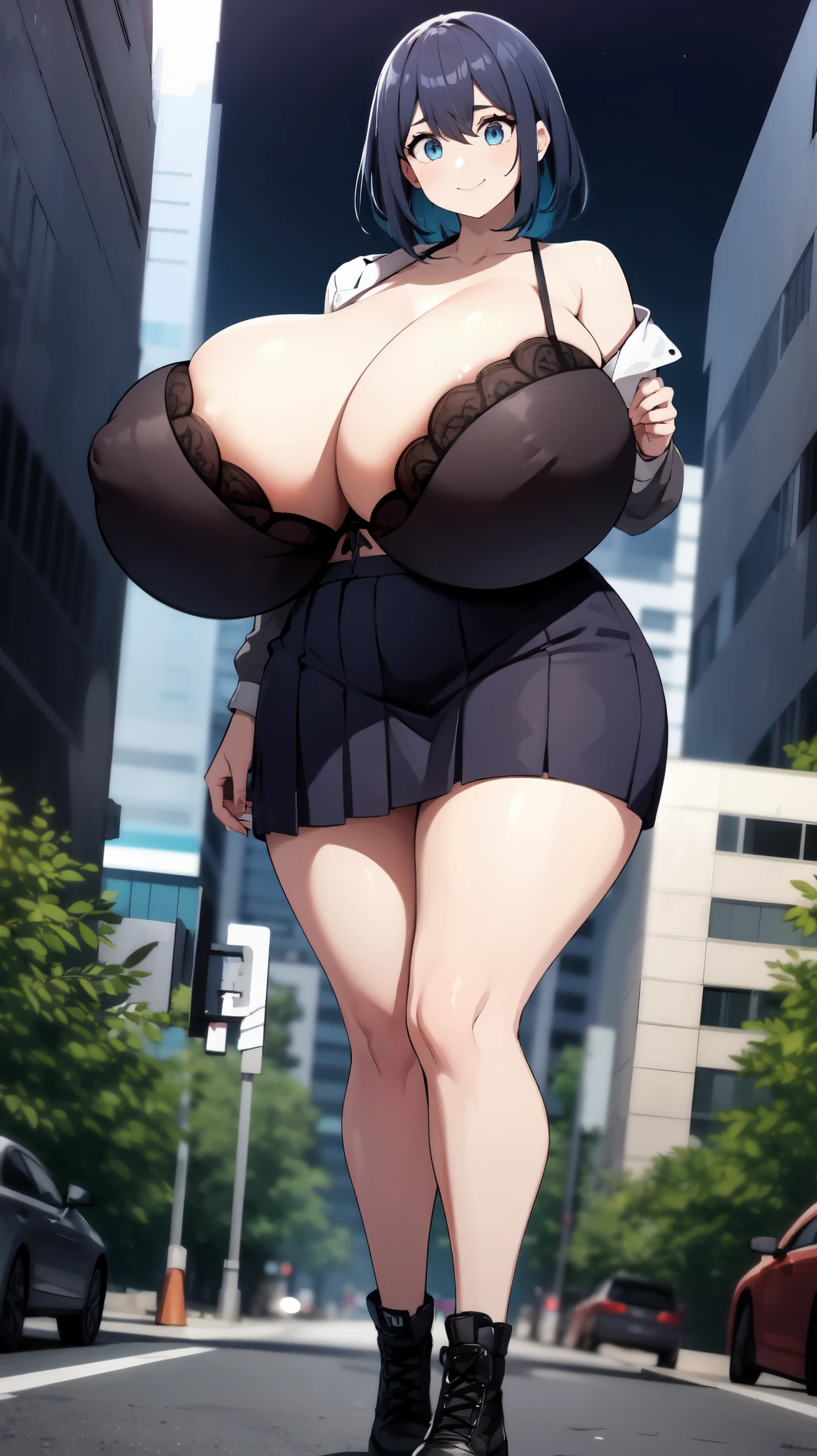 1girl, black_skirt, blue_hair, building, city, cityscape, hair_between_eyes, jacket, looking_at_viewer, medium_hair, multicolored_hair, multiple_boys, night, off_shoulder, outdoors, pleated_skirt, road, shirt, skirt, skyscraper, smile, solo_focus, street, white_shirt, ginormous , overflowing bra, Huge plump breastsposes