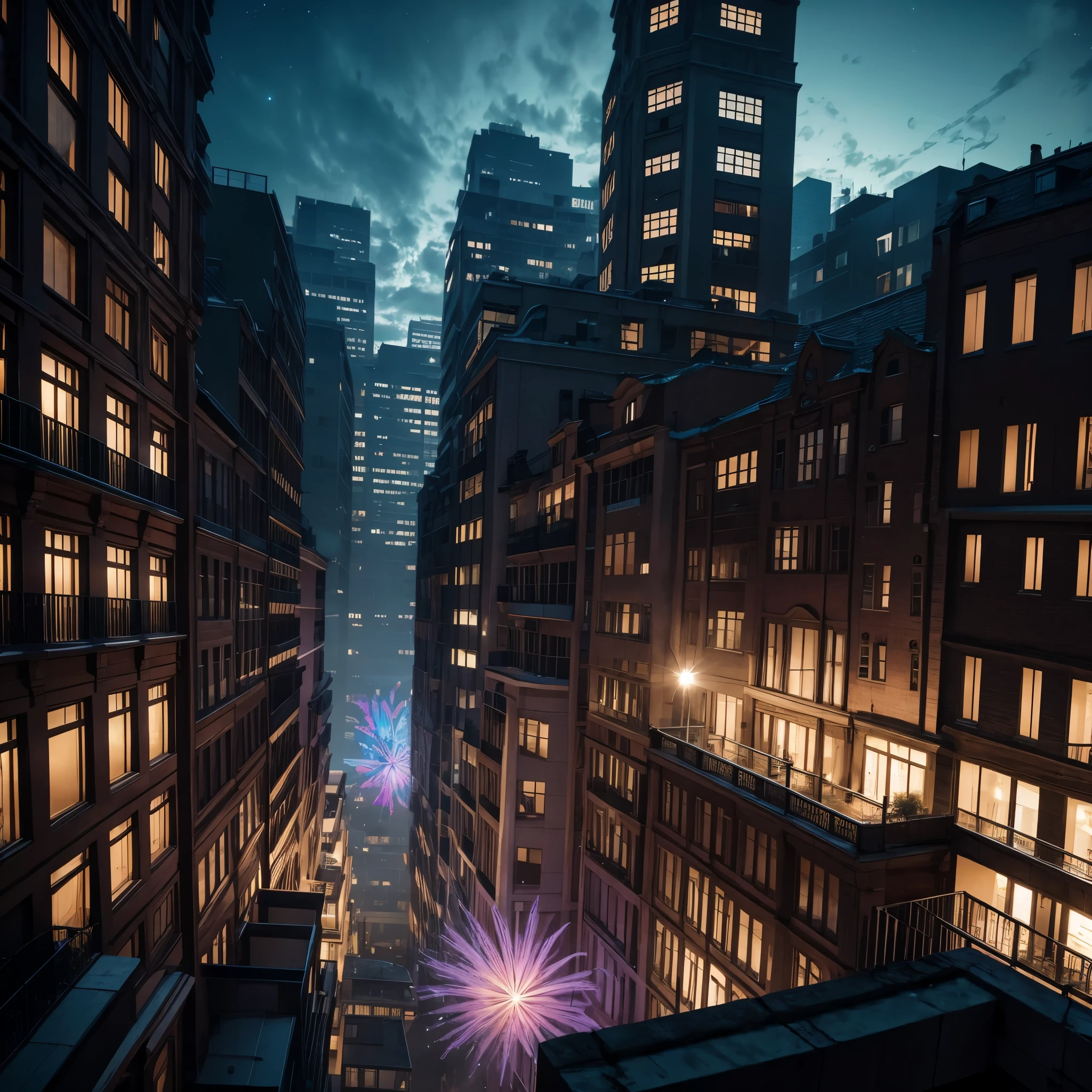 Ultra-detailed photography masterpiece showcasing a curious event from a high-rise building window overlooking a courtyard,
(people levitating) amidst a playground enhanced by a multicolored nebula appearing as a peculiar atmospheric phenomenon under the cover of night,
soft glow of streetlights casting eerie shadows,
high dynamic range, crystal-clear quality, octane rendering.