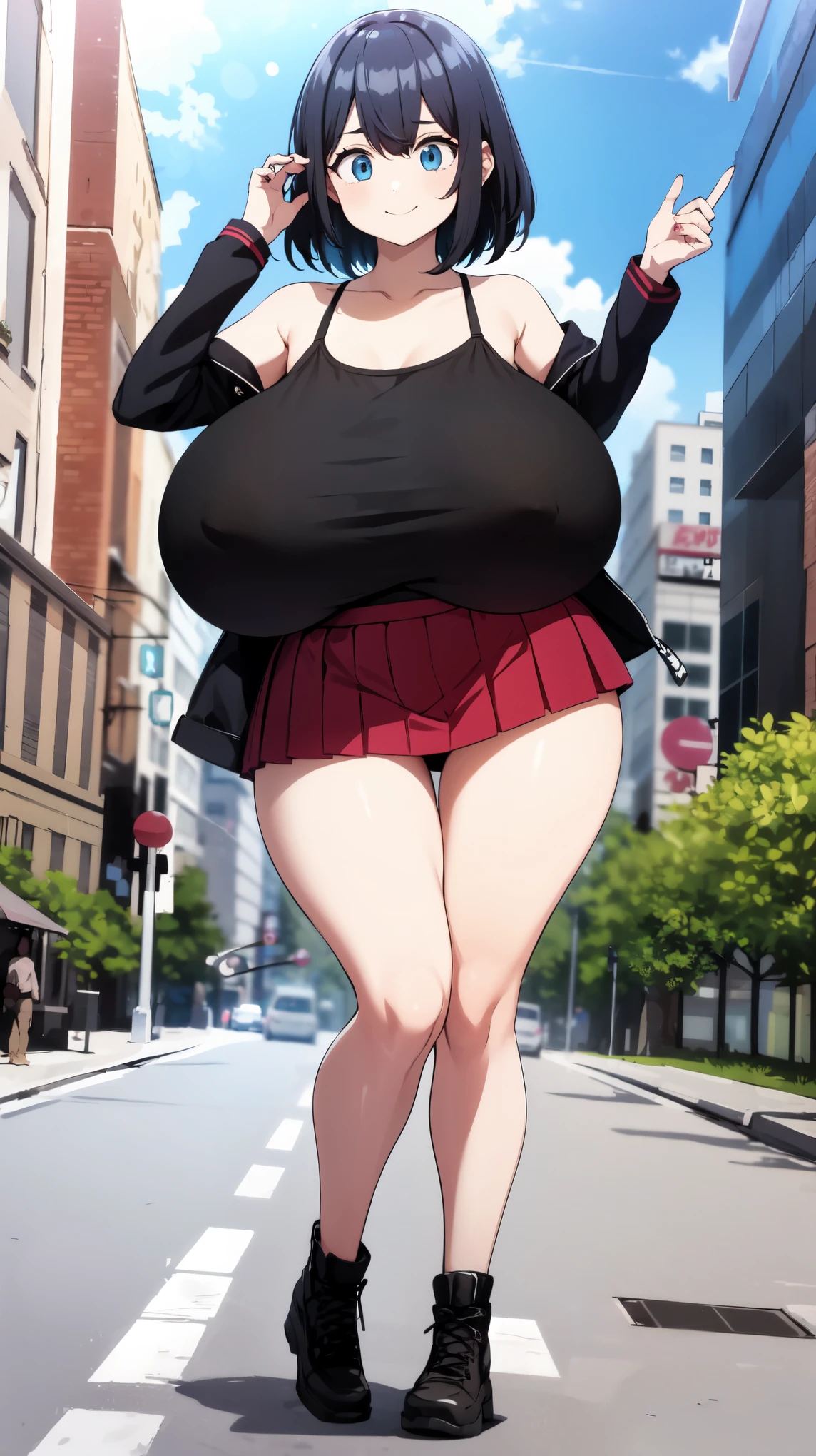 1girl, black_skirt, blue_hair, building, city, cityscape, hair_between_eyes, jacket, looking_at_viewer, medium_hair, multicolored_hair, multiple_boys, night, off_shoulder, outdoors, pleated_skirt, road, shirt, skirt, skyscraper, smile, solo_focus, street, white_shirt, ginormous breasts, overflowing bra, Huge plump breasts, sexy poses