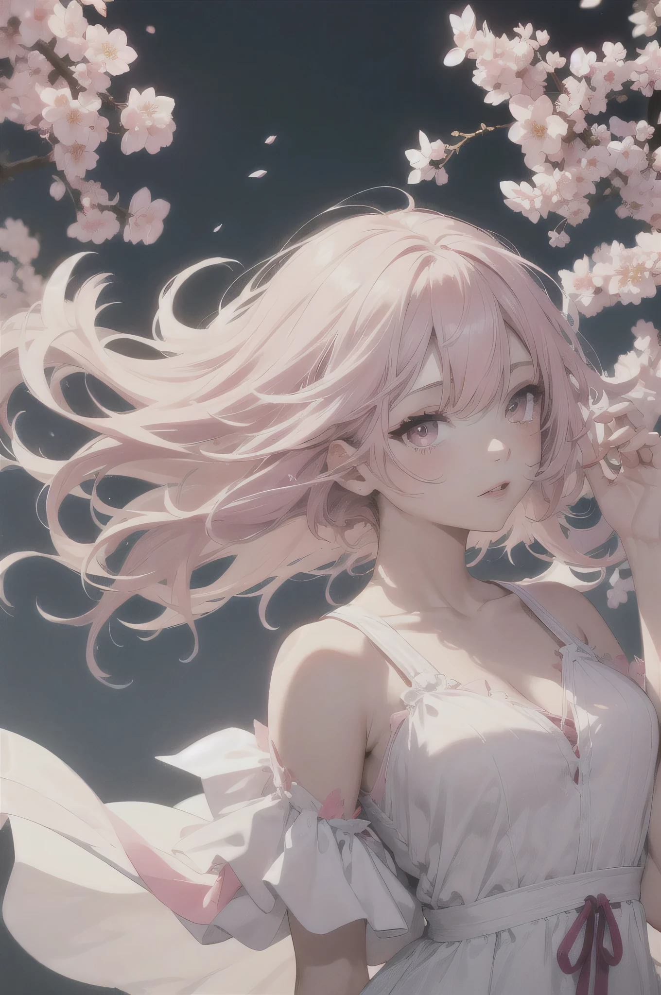 light pink hair, pink eyes, pink and white, Sakura leaves, bright colors, white dress, splash color, simple background, Ray tracing, Wavy hair