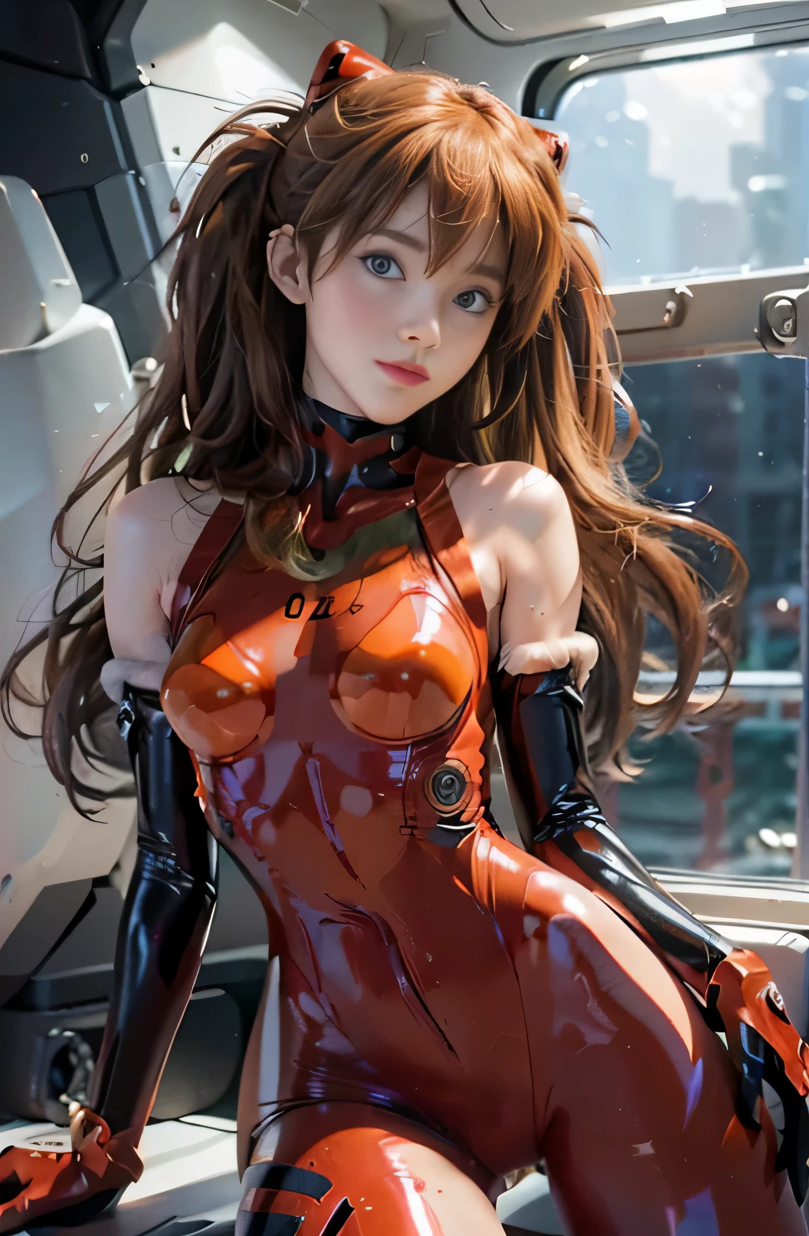 masterpiece、8k、3D、(((whole body:1.1))))、(real)、photograph、highest quality、perfect anatomy、NSFW1.1、1 female、(((Soryu Asuka Langley、Soryu Asuka Langley、Crimson Plug Suit 02) ))))、20-year-old、(tall、small face))、vivid coloring、(from below:1.5))、(Turn around pose)、(face and eye details:1.1)、details face、detailed lip、Details、double eyelid、(((beautiful face、beautiful eyes、blue eyes))、wet eyes、thin sharp pale eyebrows、long eyelashes、(enchanting smile)、((See-through)))translucent、(high leg swimsuit)、 (cameltoe)),((upright,(luster),metallic details luster,Main body,(holographic leather))),(deep red bodysuit,deep red latex suit,deep red enamel suit)))),(((black latex interior))Arm))、The small logo pattern on the chest is 02、((Perfect circle black connecting parts under chest))、(((black connecting parts on shoulder))、((Black connecting parts under the chest)shoulder)、Perfect circle))、Two simple thick black lines running from the thighs to the buttocks、Green parts of the shoulder bone、Bodysuit that shines like a mirror、(delicate and beautiful fingers))、(smooth body line))、light brown hair、twin tails、long legs、thin waist、white skin、((open sea、on an aircraft carrier、battleship、Vivid blue sky、horizon、strong natural light、detailed background、sunshine)、solitary、arrogant、blush、((shy))、very delicate and beautiful girl、stand、spread legs、(to8 contrast style)、movie lighting: 1、UHD、digital single lens reflex、Fujifilm XT3、sharp focus: 1.2、maximum clarity and sharpnesultilayer texture、Albedo and specular maps、Surface Shading、Accurate simulation of light and material interactions