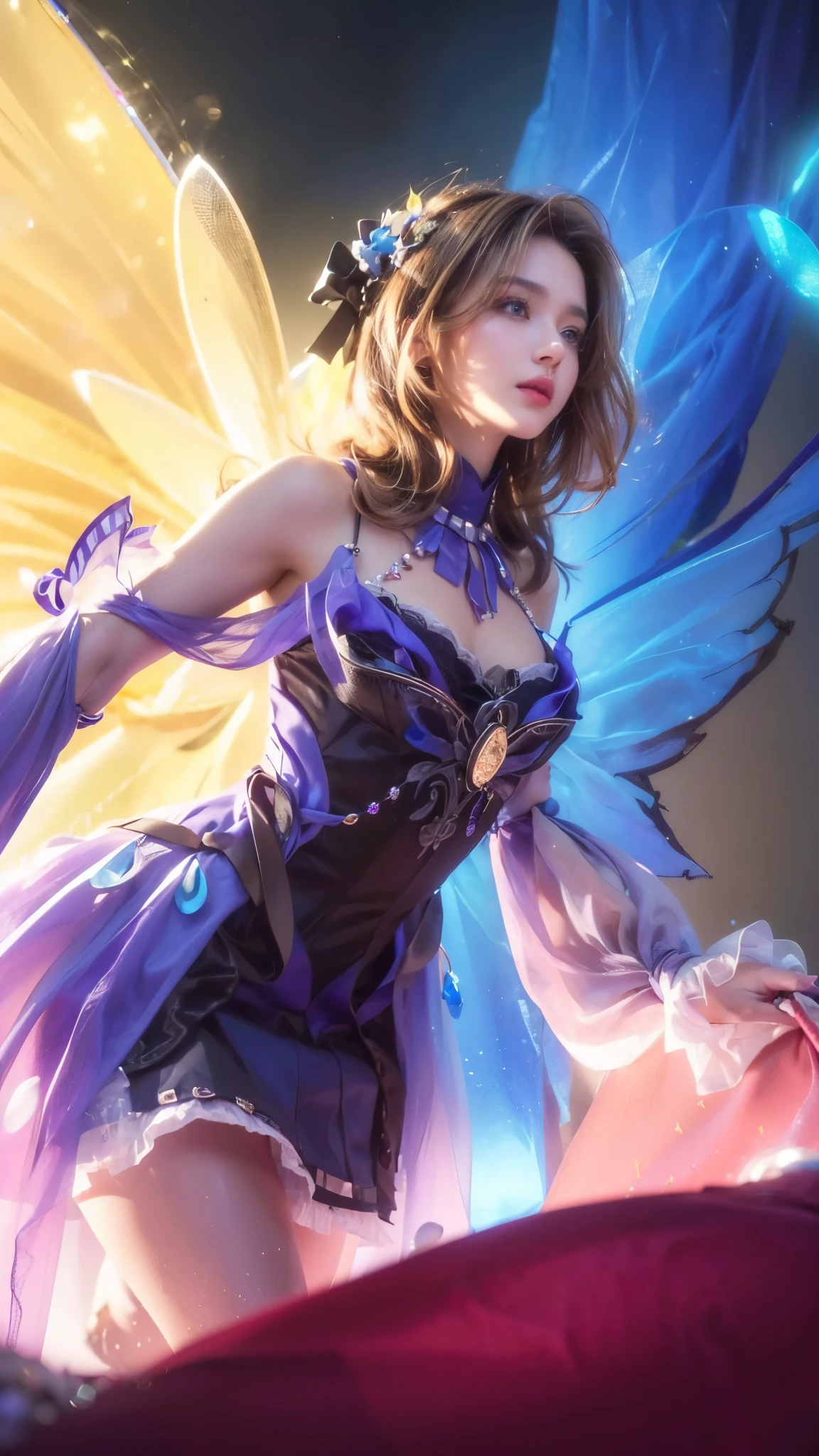 (photorealistic:1.4), best quality, masterpiece, ultra high res, 1girl, (detailed face:1.2), (detailed hair:1.2), (detailed clothes:1.2), 4k, (detailed color:1.2), (light brown hair), black dress with purple trim, looking at viewer