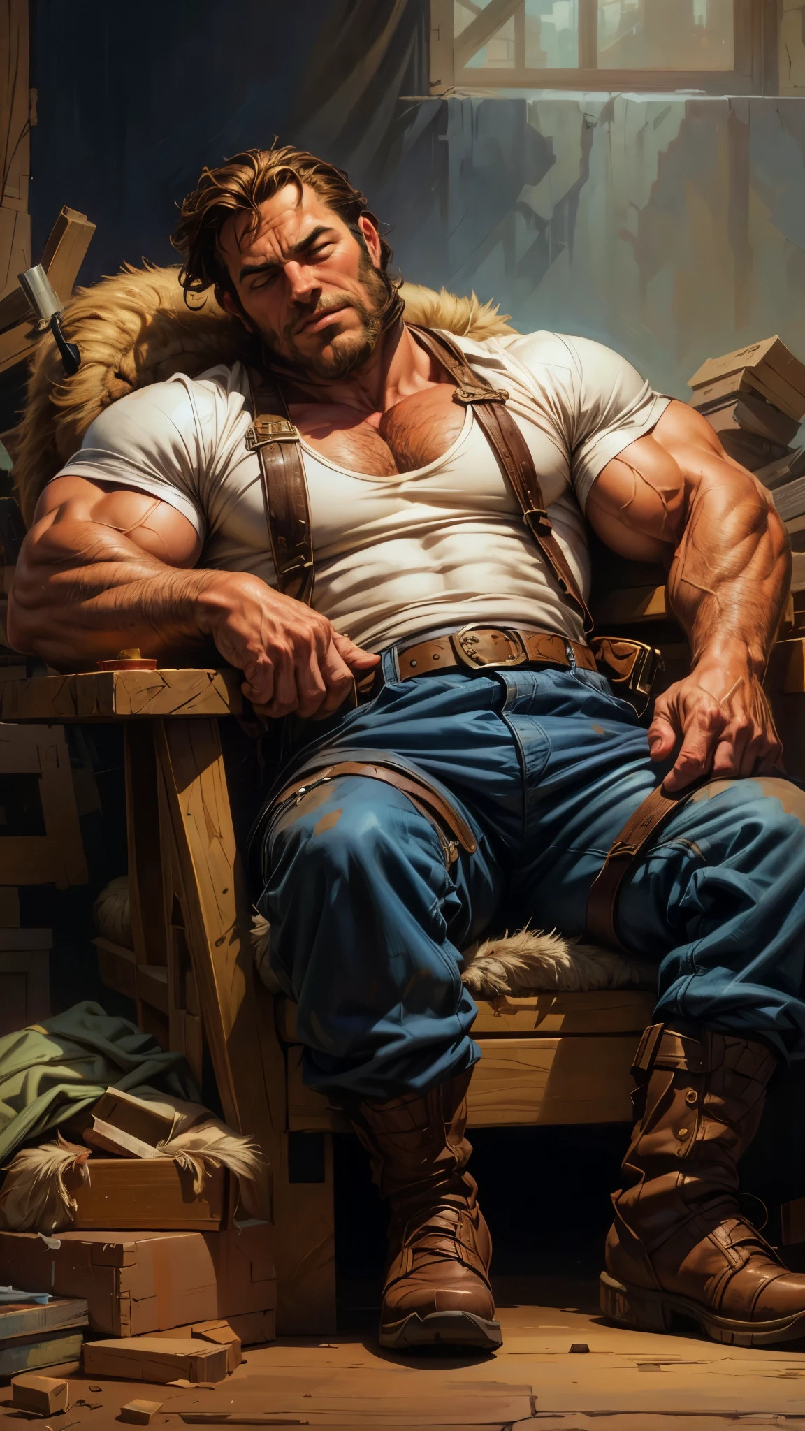 arafed man sitting on a chair sleeping a dog in his lap, male art, big biceps, muscular character, james gurney painting style, muscular characters, large muscles, by Tim Hildebrandt, greg hildebrandt highly detailed, muscular male hero, tyler edlin fantasy art, hyperrealistic fantasy art, super realistic painting style, resting after a hard fight, beefy