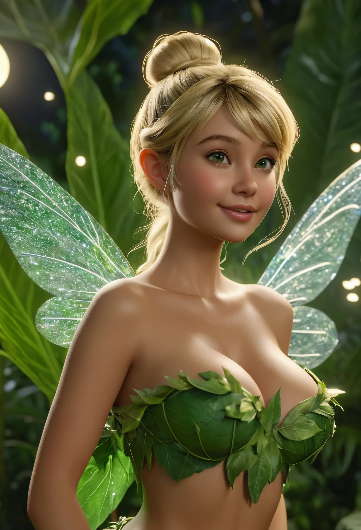 (masterpiece:1.4), (best quality:1.2), (photorealistic:1.37), ultra-detailed, highly detailed, 8K, (a realistic life-like picture of Tinkerbell), (wearing a green dress made out of large leaves), (transparent fairy wings:1.1) attached to her back, (blonde hair:1.2), (hair in a single bun on top of her head:1.2), (tidy hair), (pretty face:1.2), (very large breasts:1.8), (white skin:1.2), (((pixie wings on her back on both sides))), outdoors, On a tropical beach at night under a full moon, fireflies in the air, her wings are glowing with a soft green hue, smiling, flirting, viewed from a distance, (full body:1.5), hyper realism, 8k, vibrant colors, sharp crisp image