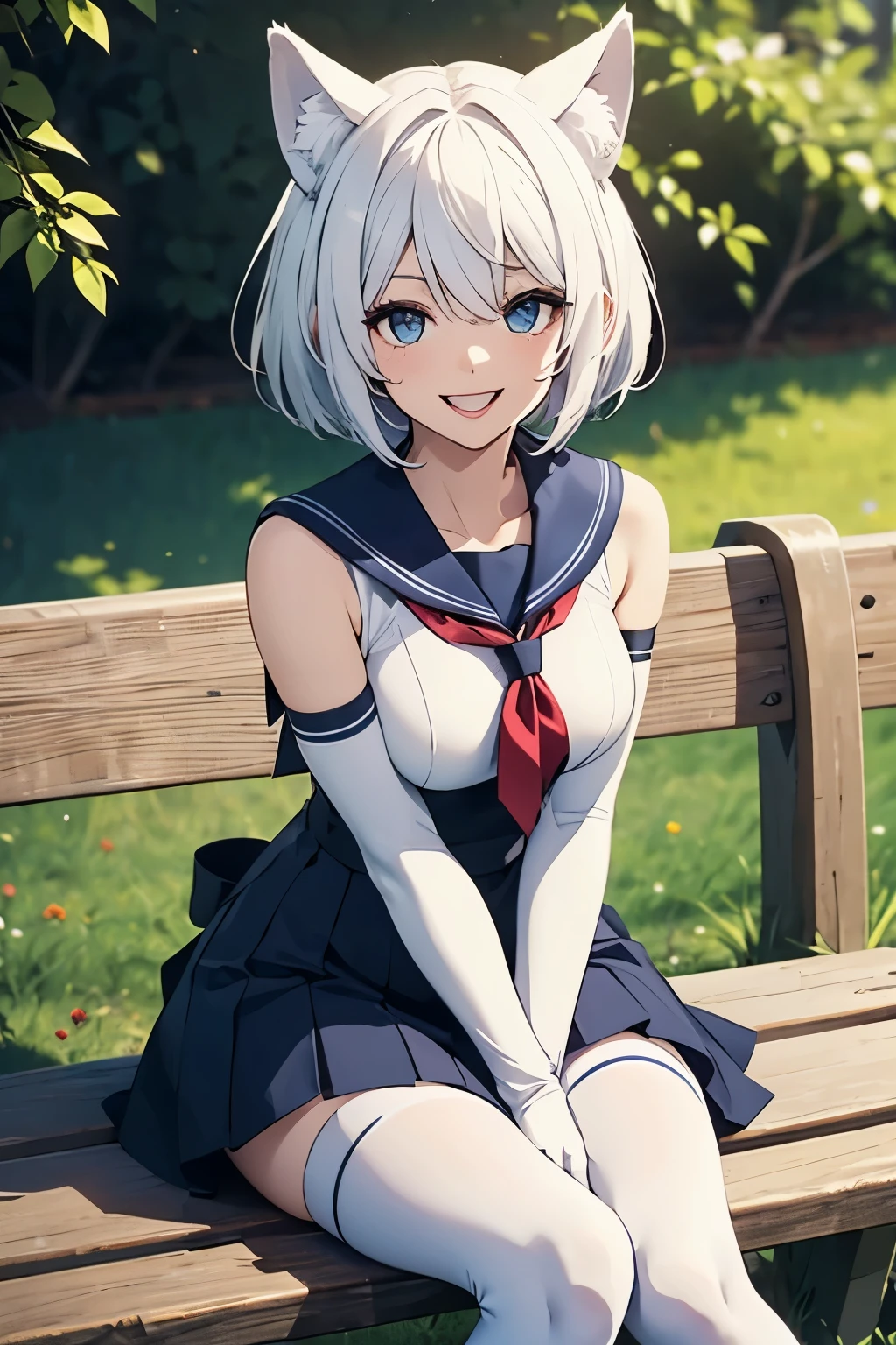 table top High level image quality best image quality 8k adult woman The whole body enters white long gloves(elbow gloves) white pantyhose sailor suit(sleeveless) navy blue mini skirt white wolf ears short hair((shortcut)(pure white hair)(perm)(fluffy)) eye color is blue attractive face((laughter)(smile)(open your mouth)) beautiful feet sit on a bench garden