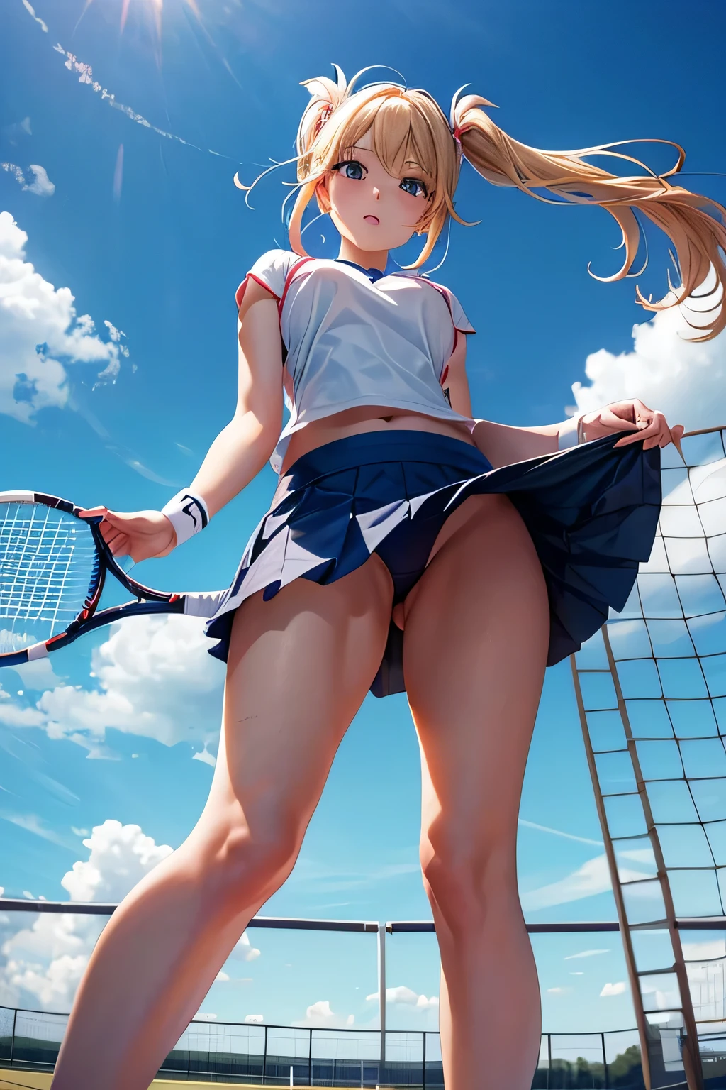 strong wind、panty shot、tennis wear、Beautiful Girl Magician、blonde twintails、((whole body))、(((photo taken from below)))、Tennis court