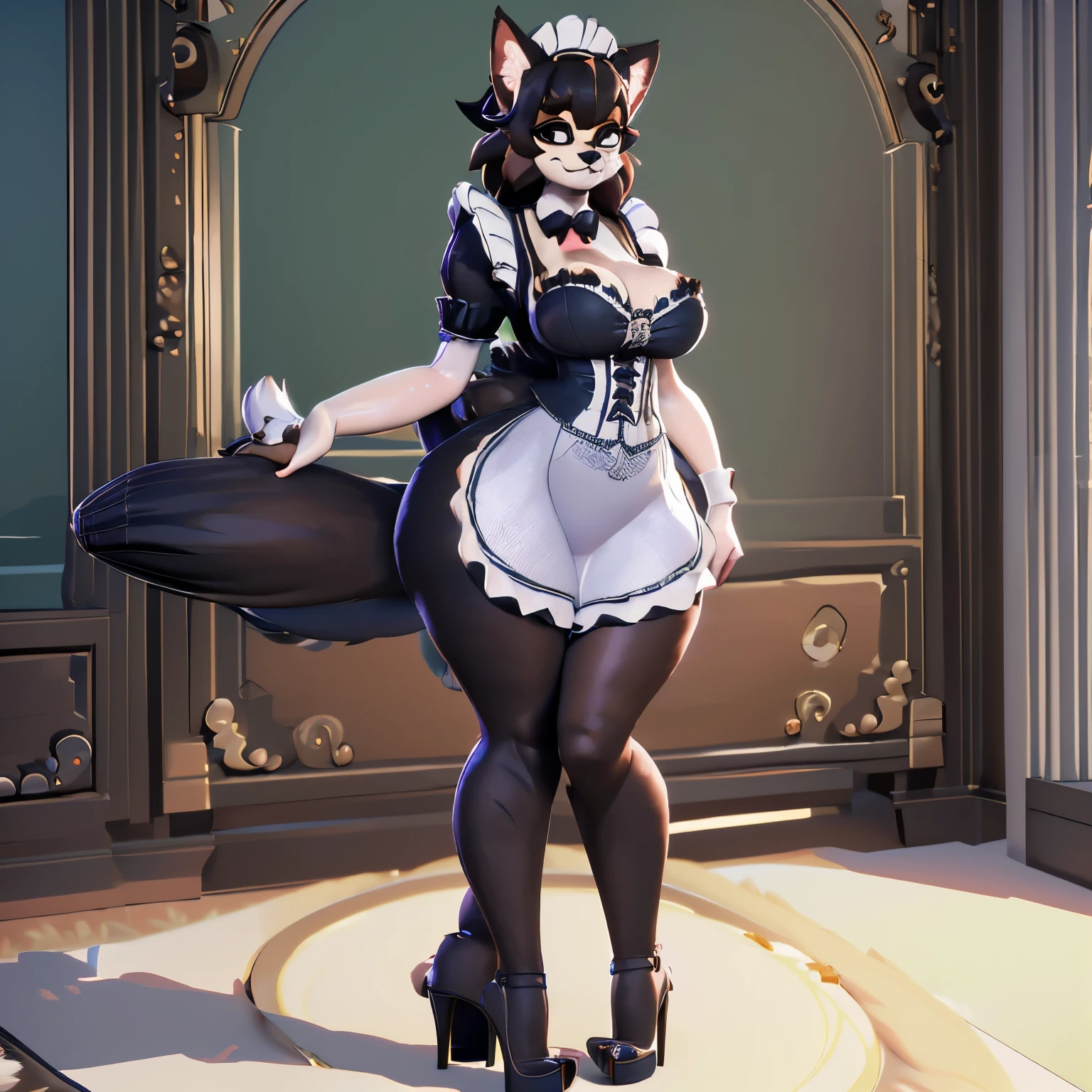 Anthropomorphic cat, maid outfit with cleavage, exaggeratedly giant breasts, super thin chest, thick and wide hips, huge ass, big and thick legs, heels, Cat mustache, zoom to face and breasts, (detailed fur: 2.0), (Thick and big legs:1.5), (3d rendering style:1.5), livingroom background