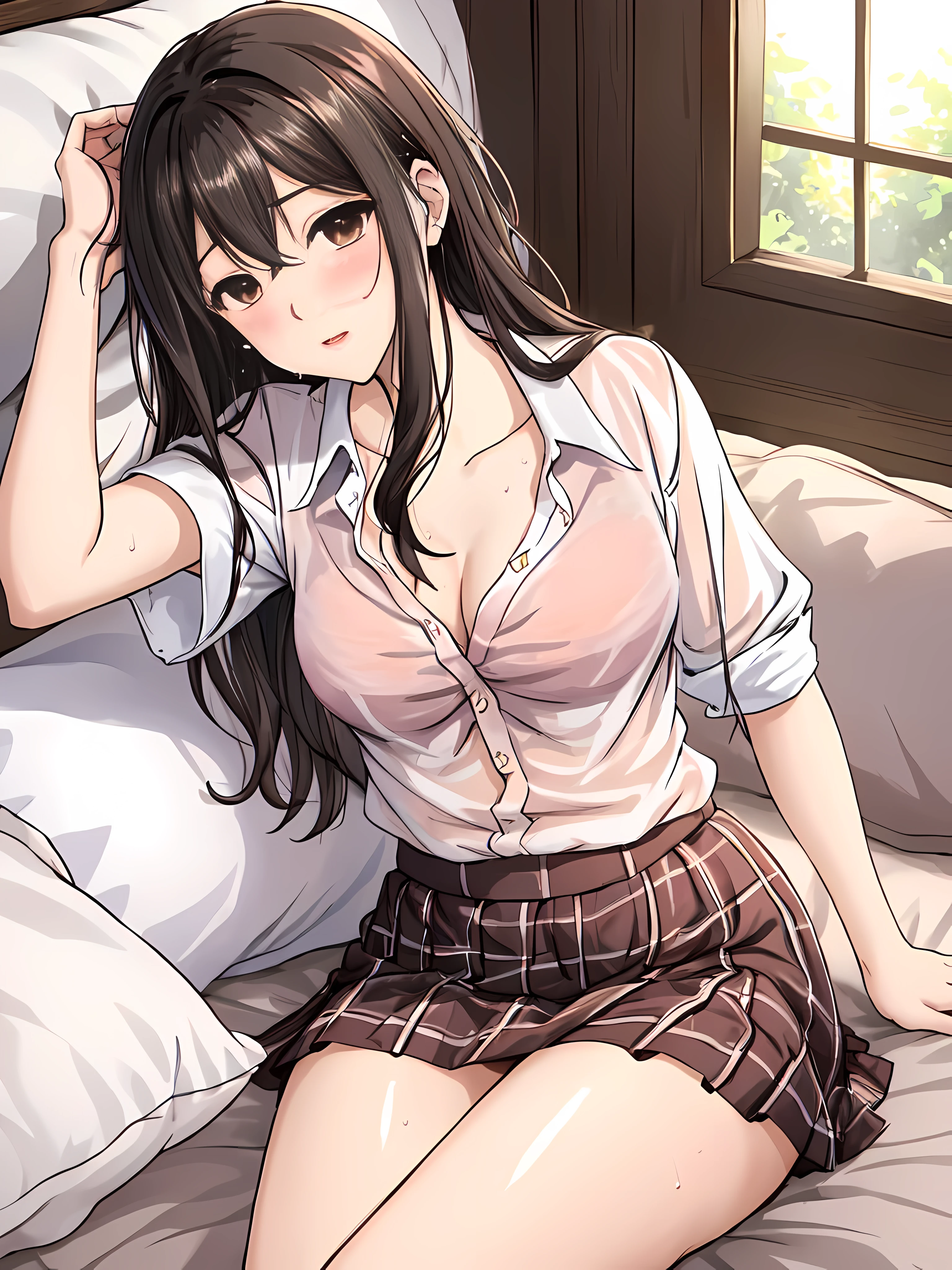 un cuarto, Feminine decoration, adulto joven, femenino, hermoso, sexy, pechos medianos, Caderas anchas, small waist, piernas bien formadas, muslos perfectos, shy, rubor, sensible, mirando al espectador, ropa casual, minifalda a cuadros, blusa, traslucent blusa, wet blusa, blusa completely open and unbuttoned, bra visible under blusa, Sudor y cuerpo mojado., entusiasmado, acostada, cama, Cabeza sobre la almohada, seductor,