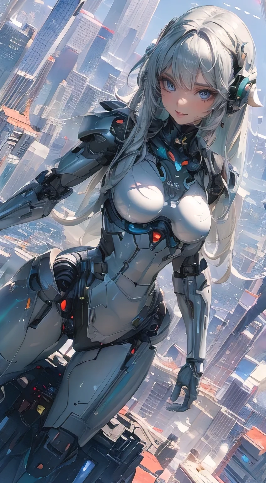 (best quality, masterpiece:1.2), perfect body, huge breasts, attractive woman, ghibli and pixar style, a combat android standing on top of a skyscaper, perfect body, detailed cybernetic enhancements, dramatic, shot from above, visible skyline, elaborate details