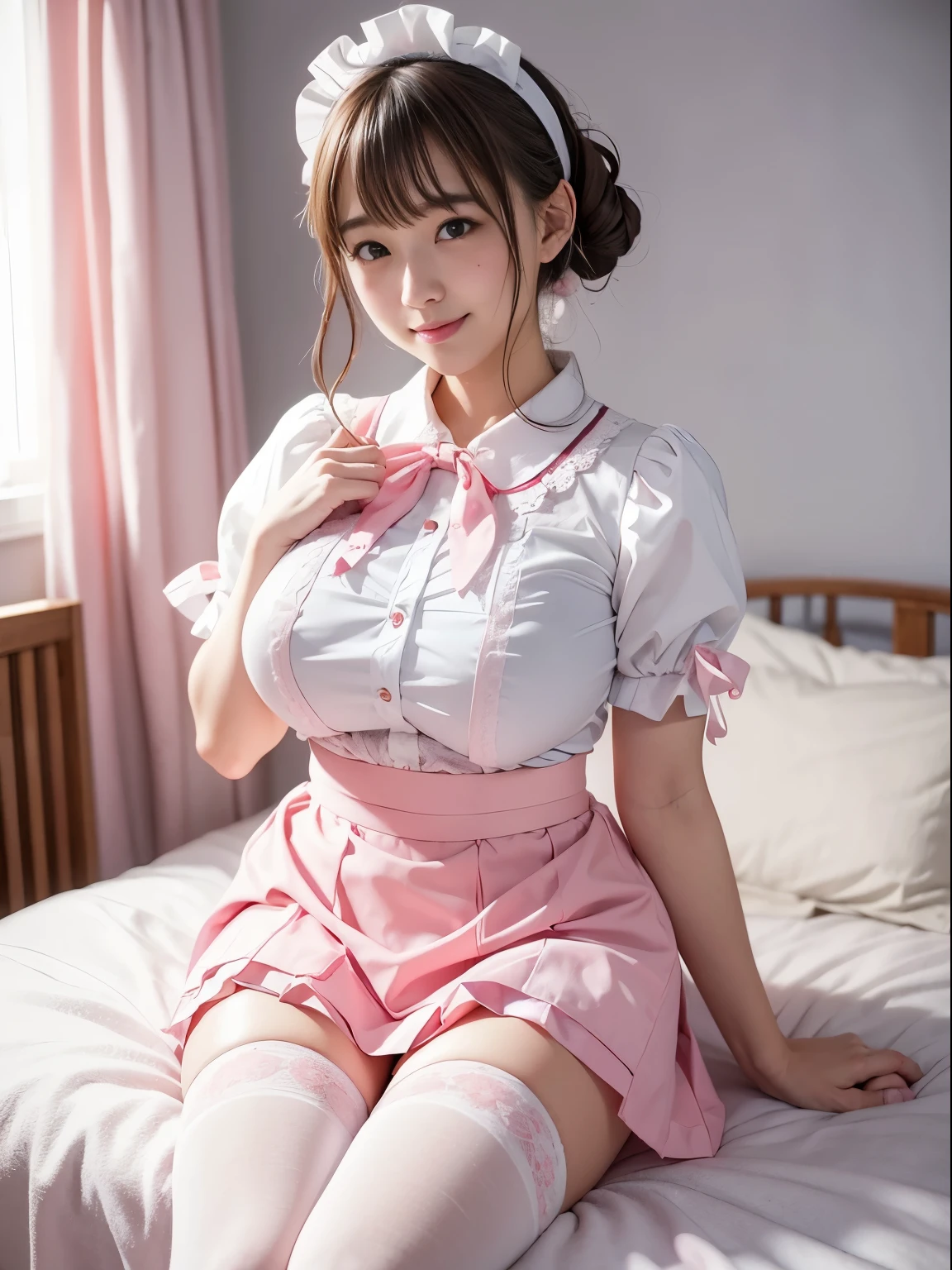 maidennurse、White blouses、Detailed pink panties、Colossal tits、kawaii、A slight smil、Twin-tailed、Pink tights、sixteen years old、masutepiece、wear shirt、Large ribbon、Cute maid headband、