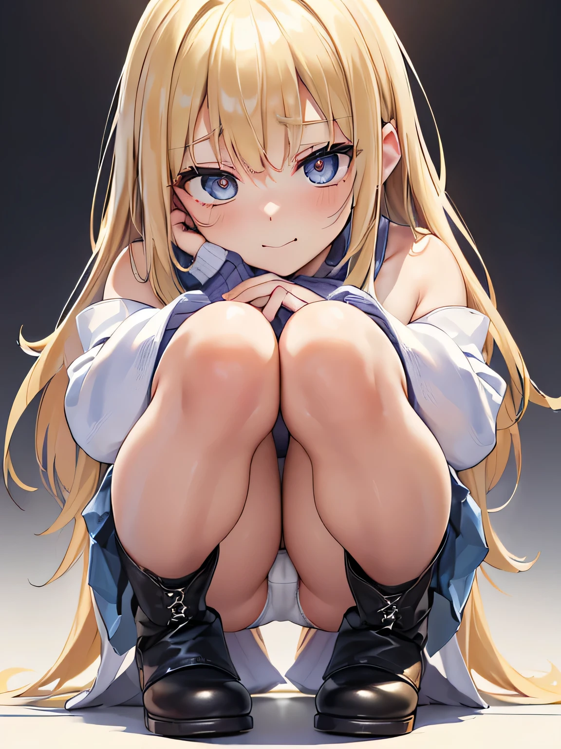 (masterpiece、highest quality、High resolution、realistic pictures、real looking skin:1.1), (wearing a blue oversized knit,Moe sleeves,Wearing a pleated miniskirt, knee high boots, The place is a park:1.1), 1 Japanese women, beautiful eyes, shining eyes, provocative smile, blonde, medium long hair, university student, (Squat down with both knees facing towards you.:1.8), (Place your elbows on your knees、put your chin on it.:1.5), (slightly exposed pants: 1.5), (simple white satin panties: 1.5), NSFW
