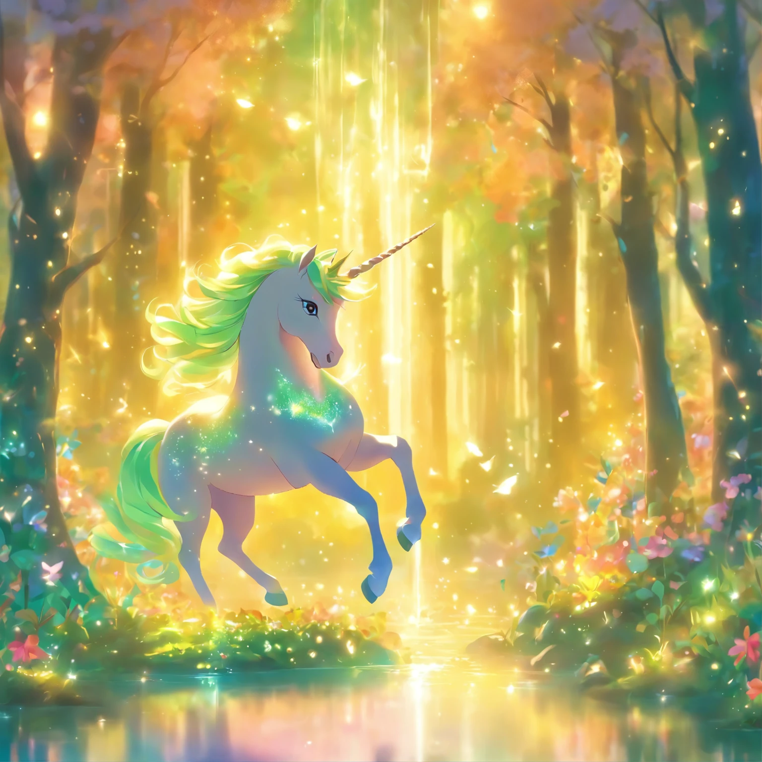 A mythical and magical scene that kids would love, with vibrant colors and a sense of wonder. The main focus is on a majestic unicorn surrounded by a magical forest. The unicorn has a radiant, shimmering coat and a graceful, flowing mane. Its horn is glowing with a soft, ethereal light. 
The forest is filled with towering trees, covered in vibrant foliage in different shades of green. Sunlight filters through the branches, casting enchanting patterns on the forest floor. Sparkling fairy dust dances in the air, creating a dreamy atmosphere. 
In the distance, there is a sparkling waterfall, cascading down into a crystal-clear lake. The water shimmers and ripples in the sunlight, reflecting the beauty of the surrounding landscape. Colorful flowers of various shapes and sizes dot the ground, adding a touch of whimsy to the scene. 
Children are drawn to this magical place, their eyes filled with awe and excitement. Their laughter fills the air as they play and explore the enchanting forest. They are dressed in bright, playful clothes, complementing the joyful atmosphere. Some of them are riding the unicorn, their faces beaming with joy and wonder. Others are chasing butterflies or picking petals off the flowers. 
The whole scene is bathed in a warm, golden light, giving it a magical and welcoming ambiance. This beautiful artwork is created with expert craftsmanship and attention to detail, capturing the imagination of both young and old. The high-quality resolution brings out the intricate details, making it a masterpiece for anyone to behold.