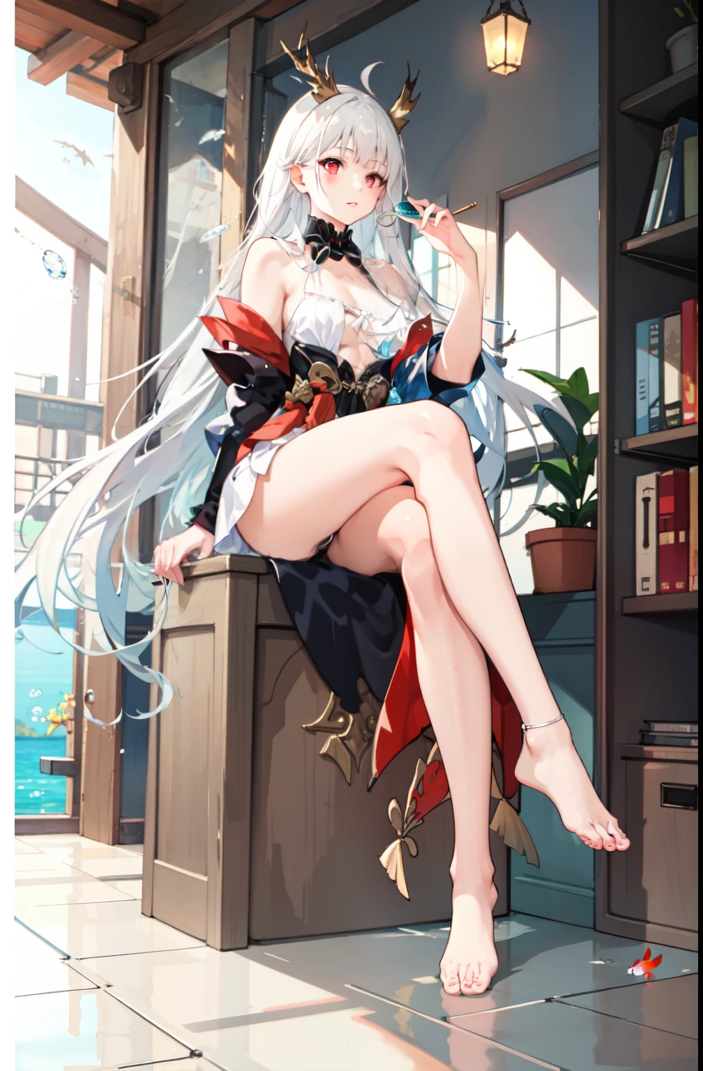 [（transparent background：1.5）：：5]，（（（tmasterpiece））），（（（best qualtiy））），（Very detailed））），illustratio，1girl，solo，mistic，vivd colour，shiny，Underwater transparent sealed hemispherical glass dome，white hair，red eyes，full bodyesbian，The barefoot，Long hair is calm and natural，Koi，under the water，domes，closeup cleavage，dynamic action，Lens perspective，（（（Box composition））），sit with legs crossed，Leaning against the bookshelf，Bigchest, shimanto, small breasts, slender legs, slender body 