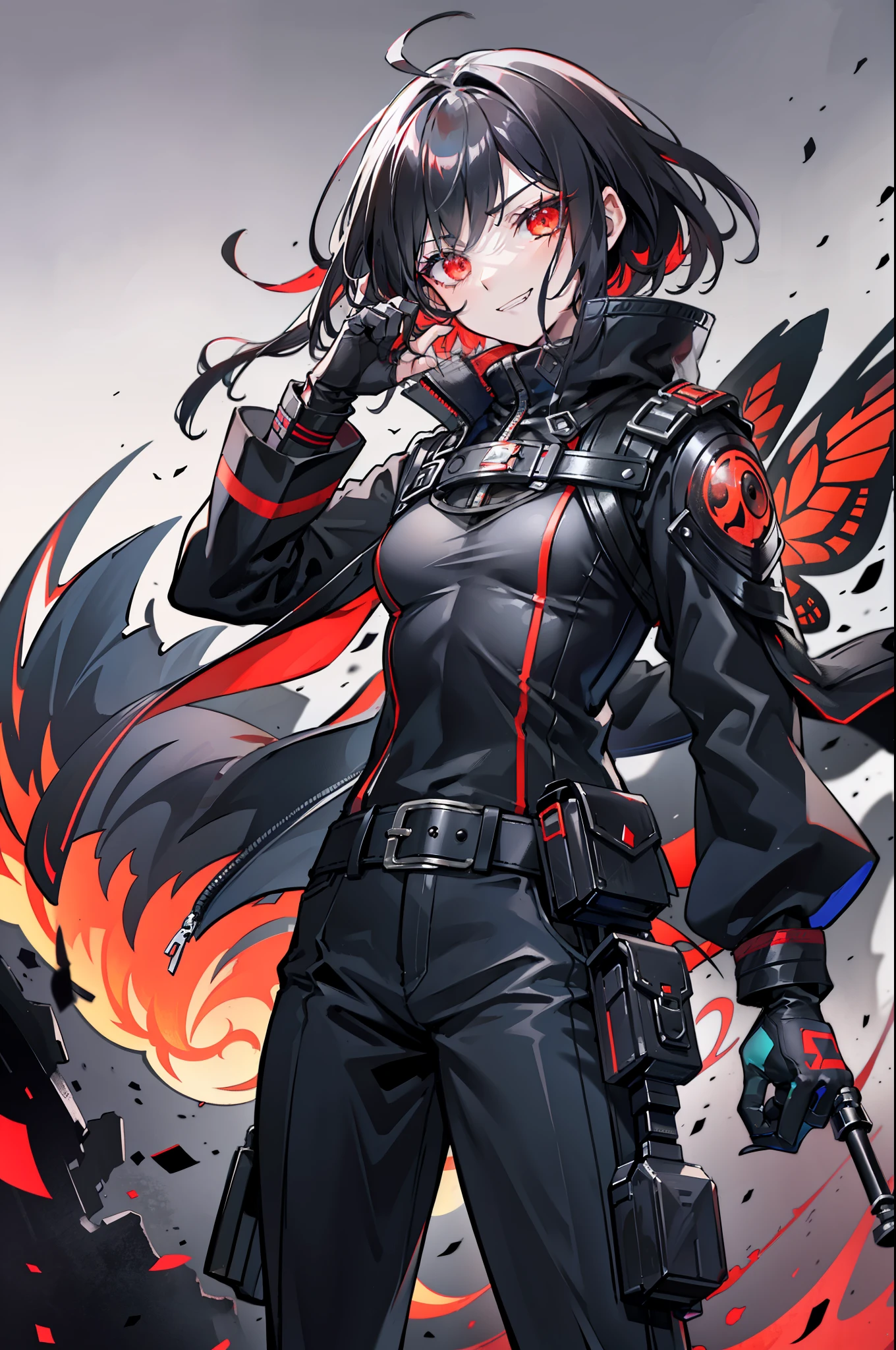 A female，female people，tall, masculine，rosto magro，Black eyes, medium long hair，Black hair，hair messy，Black sweatshirt，long black jacket，Blood-red pattern，Black shirt，Dark gray trousers，boot，Gray backpack，Butterfly knife，hand gun，dual wielding，thief,exteriors,sci-fy,cyber punk perssonage,Interspersed with reality and unreality/realistic sense/Dimension wall,eventide，Run the track,MarketaB,control tower,neonlight,skyscrapper,Roof，City view,buliding,Riman,mtu,1 man,solo person,mitts,Sweatshirt,long-sleeved gloves,Open your clothes,Jacket with lapels,Combat posture,orthofacial,Floating hair,Messy hairstyle,Asymmetrical hairstyle - The hairstyle has obvious asymmetrical parts，defiance,arrogant face,grin face,exhilarated,crazy,Smug face,ridicule,High-top boots,boot,knifes,arma,hand gun，Small eyeballs,sideface，taunt，belt pouches，The wind blew up the jacket，Raise your knife，Wave forward，male people,1 man，Hook-lock gun，short detailed hair，Holding a butterfly knife，guffaw，big laughter，Normal eyes，Visual lens，Holding a butterfly knife，Eyes shining dark red，Vertical pupils，Blood red butterfly wings，Nails become longer, bloodthirsty，Hair flaunted，slaughter，Burning ruins background，Dull blood-colored sky，Hair fluttering in the wind, Become a demon, big breast, big ass,