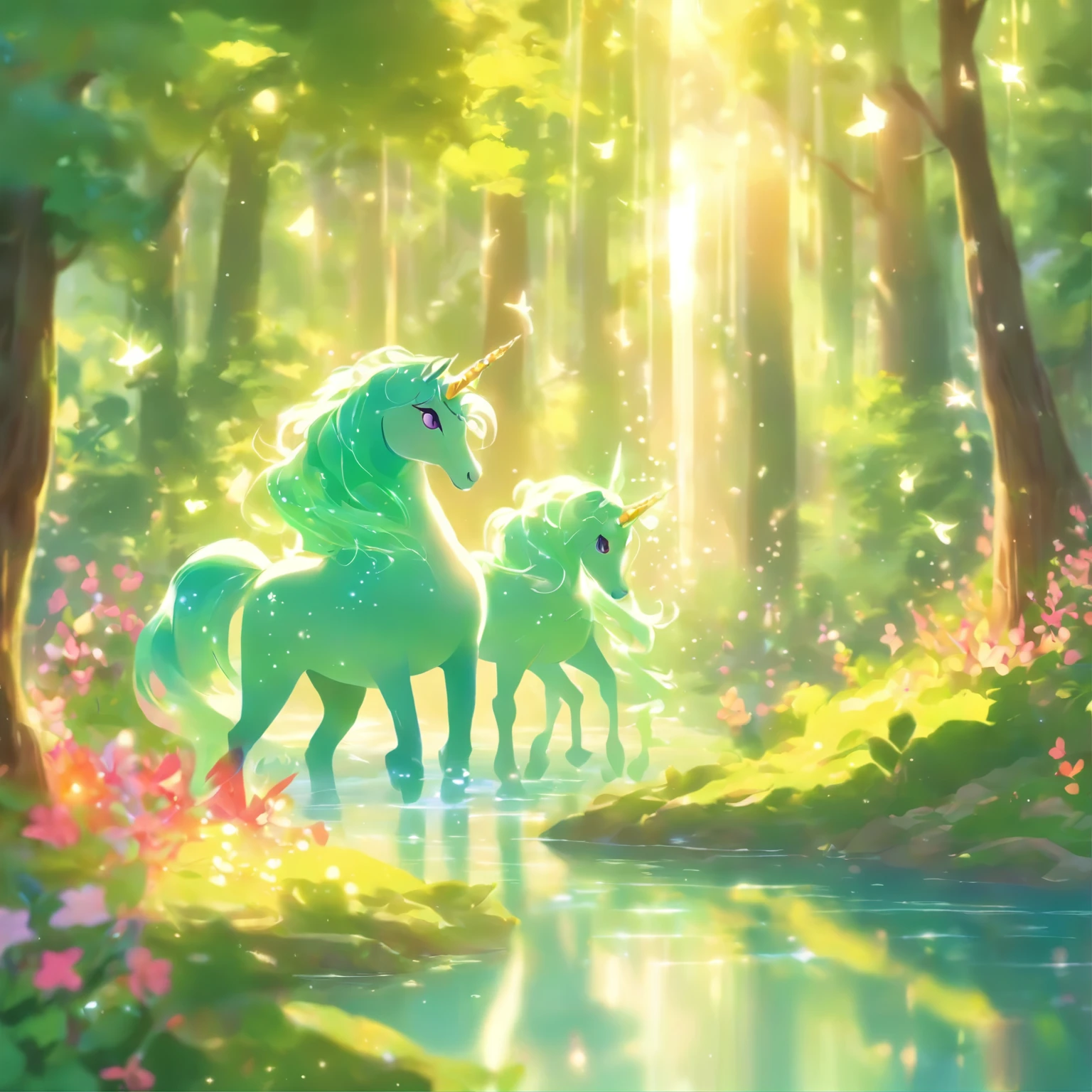 A mythical and magical scene that kids would love, with vibrant colors and a sense of wonder. The main focus is on a majestic unicorn surrounded by a magical forest. The unicorn has a radiant, shimmering coat and a graceful, flowing mane. Its horn is glowing with a soft, ethereal light.
The forest is filled with towering trees, covered in vibrant foliage in different shades of green. Sunlight filters through the branches, casting enchanting patterns on the forest floor. Sparkling fairy dust dances in the air, creating a dreamy atmosphere.
In the distance, there is a sparkling waterfall, cascading down into a crystal-clear lake. The water shimmers and ripples in the sunlight, reflecting the beauty of the surrounding landscape. Colorful flowers of various shapes and sizes dot the ground, adding a touch of whimsy to the scene.
Children are drawn to this magical place, their eyes filled with awe and excitement. Their laughter fills the air as they play and explore the enchanting forest. They are dressed in bright, playful clothes, complementing the joyful atmosphere. Some of them are riding the unicorn, their faces beaming with joy and wonder. Others are chasing butterflies or picking petals off the flowers.
The whole scene is bathed in a warm, golden light, giving it a magical and welcoming ambiance. This beautiful artwork is created with expert craftsmanship and attention to detail, capturing the imagination of both young and old. The high-quality resolution brings out the intricate details, making it a masterpiece for anyone to behold.