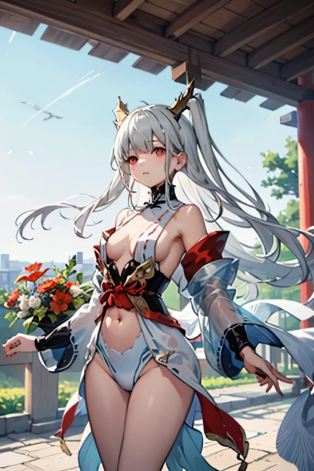 Two-dimensional modern style, silver-haired girl, delicate face, Japanese clothes, fusion of cold and warm, with a touch of tenderness, wearing a sun hat, carrying a flower basket, walking alone in the empty countryside, her beautiful figure appears under the wide-angle lens, I hope to feel a gentle style added to the cold, and it must have a shocking masterpiece-quality effect like 8K anime wallpaper, shimanto, white hair, red eyes, long hair, small breasts