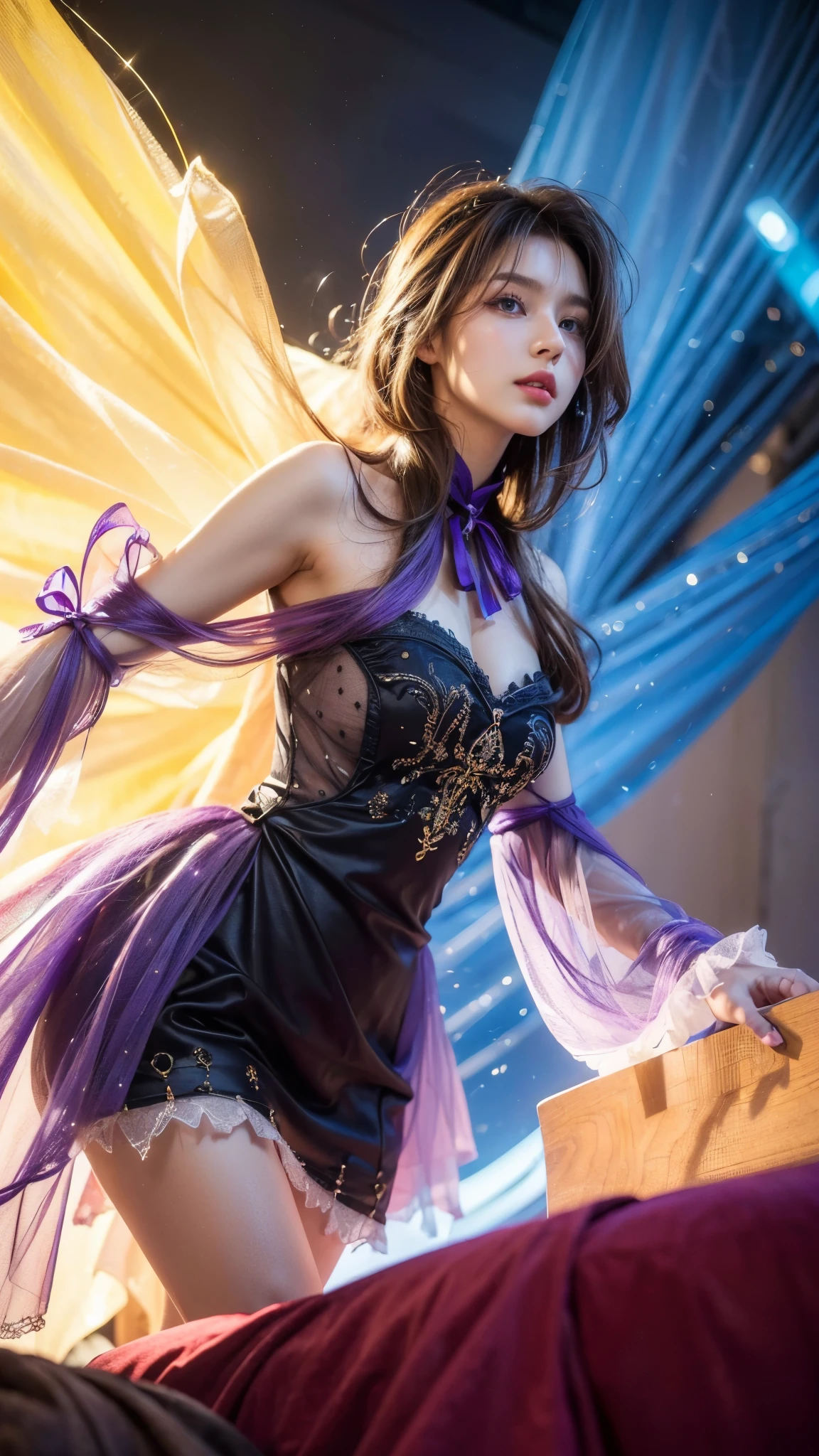 (photorealistic:1.4), best quality, masterpiece, ultra high res, 1girl, (detailed face:1.2), (detailed hair:1.2), (detailed clothes:1.2), 4k, (detailed color:1.2), (light brown hair), black dress with purple trim, looking at viewer