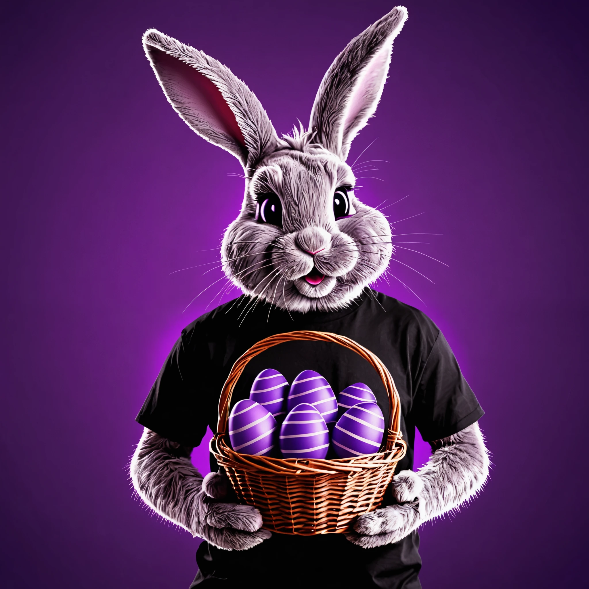 Easter bunny, wearing a black t-shirt with a drawing of a purple crescent moon, holding a basket full of purple Easter eggs, purple background, high quality, hd, purple neon lighting