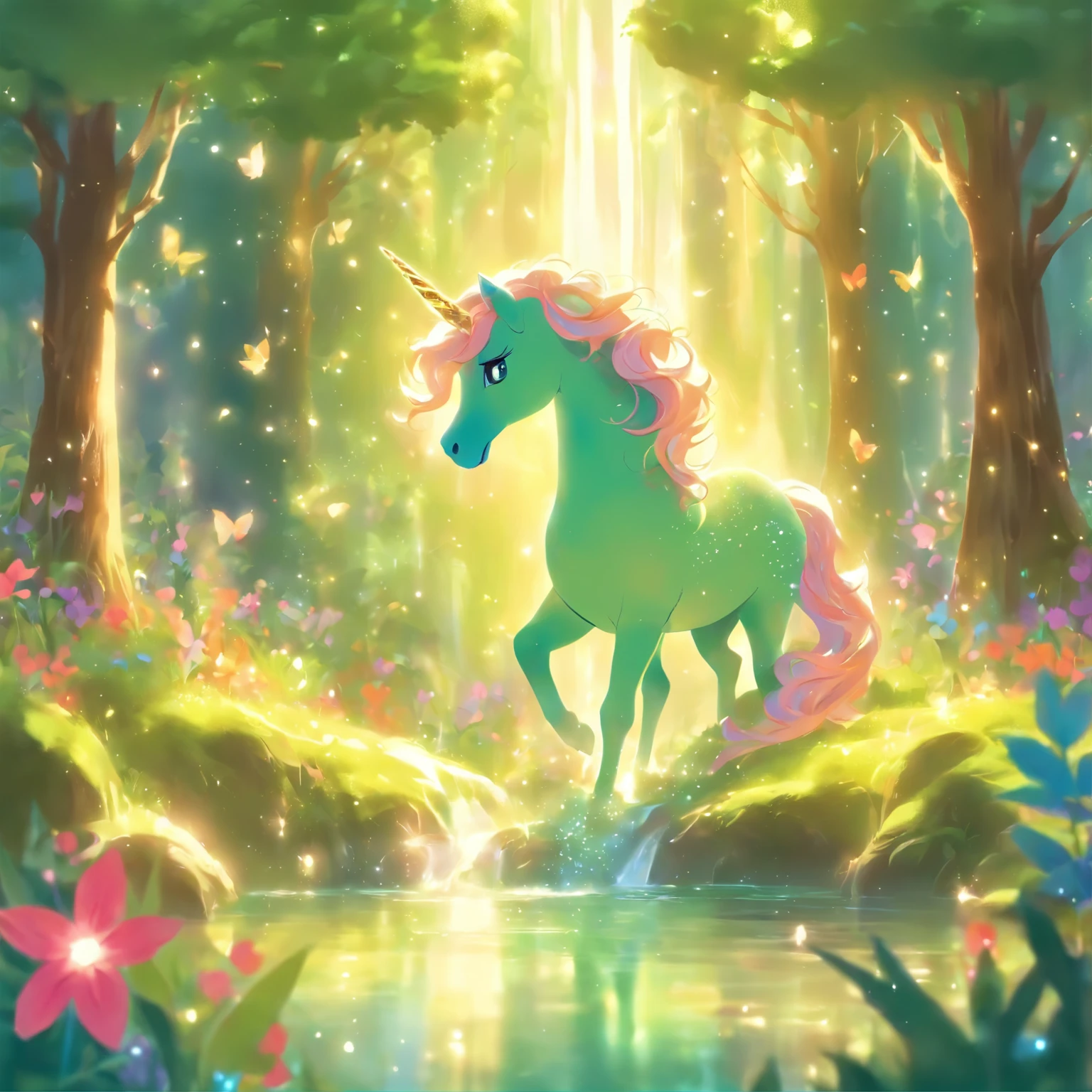 A mythical and magical scene that kids would love, with vibrant colors and a sense of wonder. The main focus is on a majestic unicorn surrounded by a magical forest. The unicorn has a radiant, shimmering coat and a graceful, flowing mane. Its horn is glowing with a soft, ethereal light. 
The forest is filled with towering trees, covered in vibrant foliage in different shades of green. Sunlight filters through the branches, casting enchanting patterns on the forest floor. Sparkling fairy dust dances in the air, creating a dreamy atmosphere. 
In the distance, there is a sparkling waterfall, cascading down into a crystal-clear lake. The water shimmers and ripples in the sunlight, reflecting the beauty of the surrounding landscape. Colorful flowers of various shapes and sizes dot the ground, adding a touch of whimsy to the scene. 
Children are drawn to this magical place, their eyes filled with awe and excitement. Their laughter fills the air as they play and explore the enchanting forest. They are dressed in bright, playful clothes, complementing the joyful atmosphere. Some of them are riding the unicorn, their faces beaming with joy and wonder. Others are chasing butterflies or picking petals off the flowers. 
The whole scene is bathed in a warm, golden light, giving it a magical and welcoming ambiance. This beautiful artwork is created with expert craftsmanship and attention to detail, capturing the imagination of both young and old. The high-quality resolution brings out the intricate details, making it a masterpiece for anyone to behold.