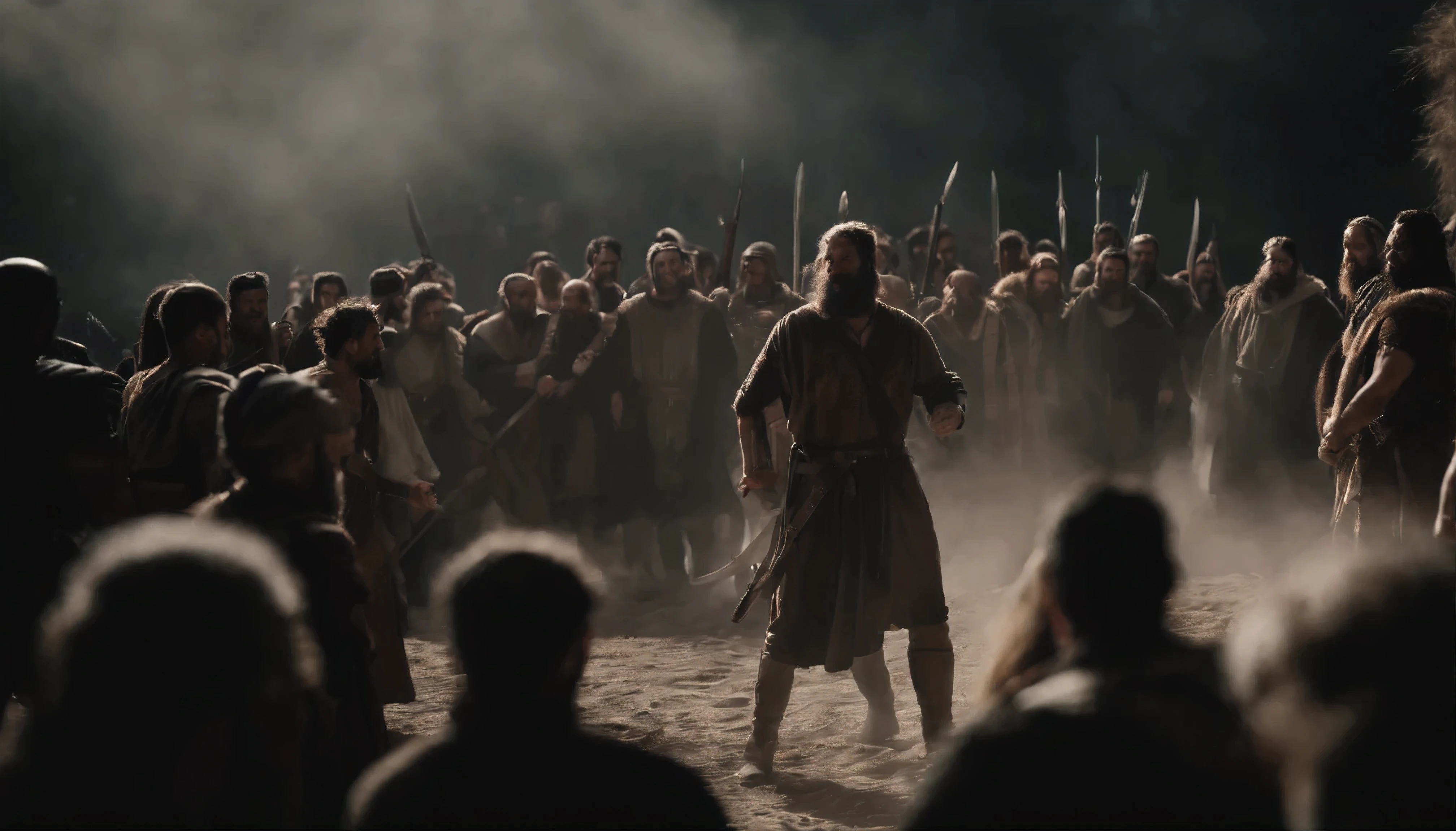 there is a group of people fighting each other, Biblical epic scene, A.C