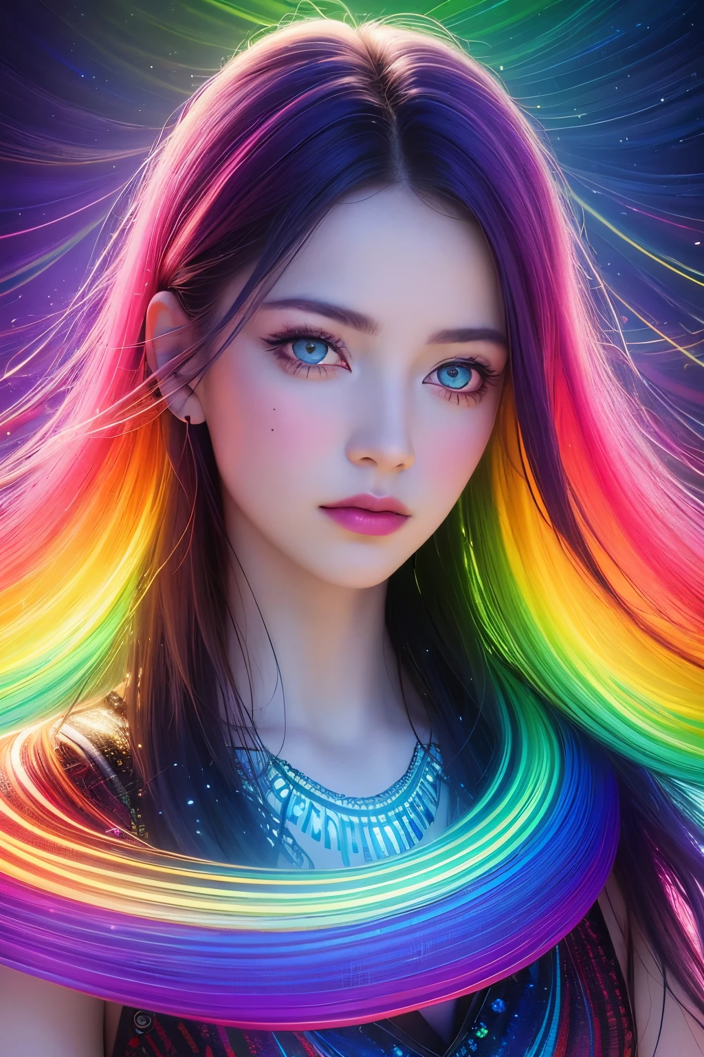 ((Realistic, digital art: 1.3), bright multicolored painting, inspiring masterpiece akin to Greg Hildebrandt, tumblr popular, vibrant and multicolored, multicolored glow, flowing hair with radiant hues, aura bathed in multicolored light, captivating woman with brilliant colorful eyes, intricately detailed and beautiful digital art, soft and inviting glow colors, woman with mesmerizing multicolored eyes, emotive and moody multicolored light, portrait of girl with cascading light waves, (rainbow_colors: 1.3), vivid digital art showcasing a woman's tattoos, realistic yet imagin