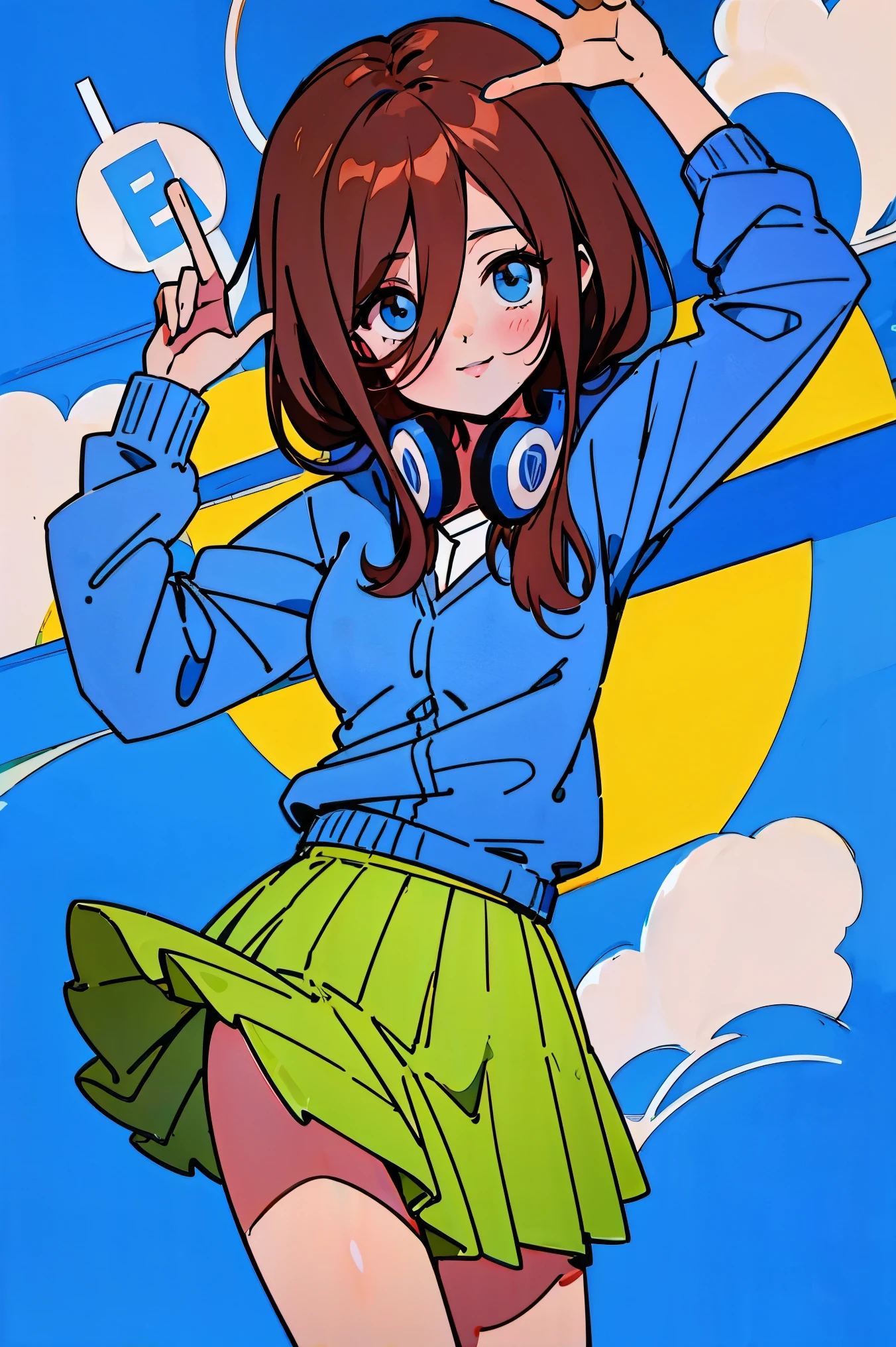 Miku Nakano、Brown hair、head phone、a smile、piece sign、Blue cardigan、white  shirt、Green skirt、white backgrounid