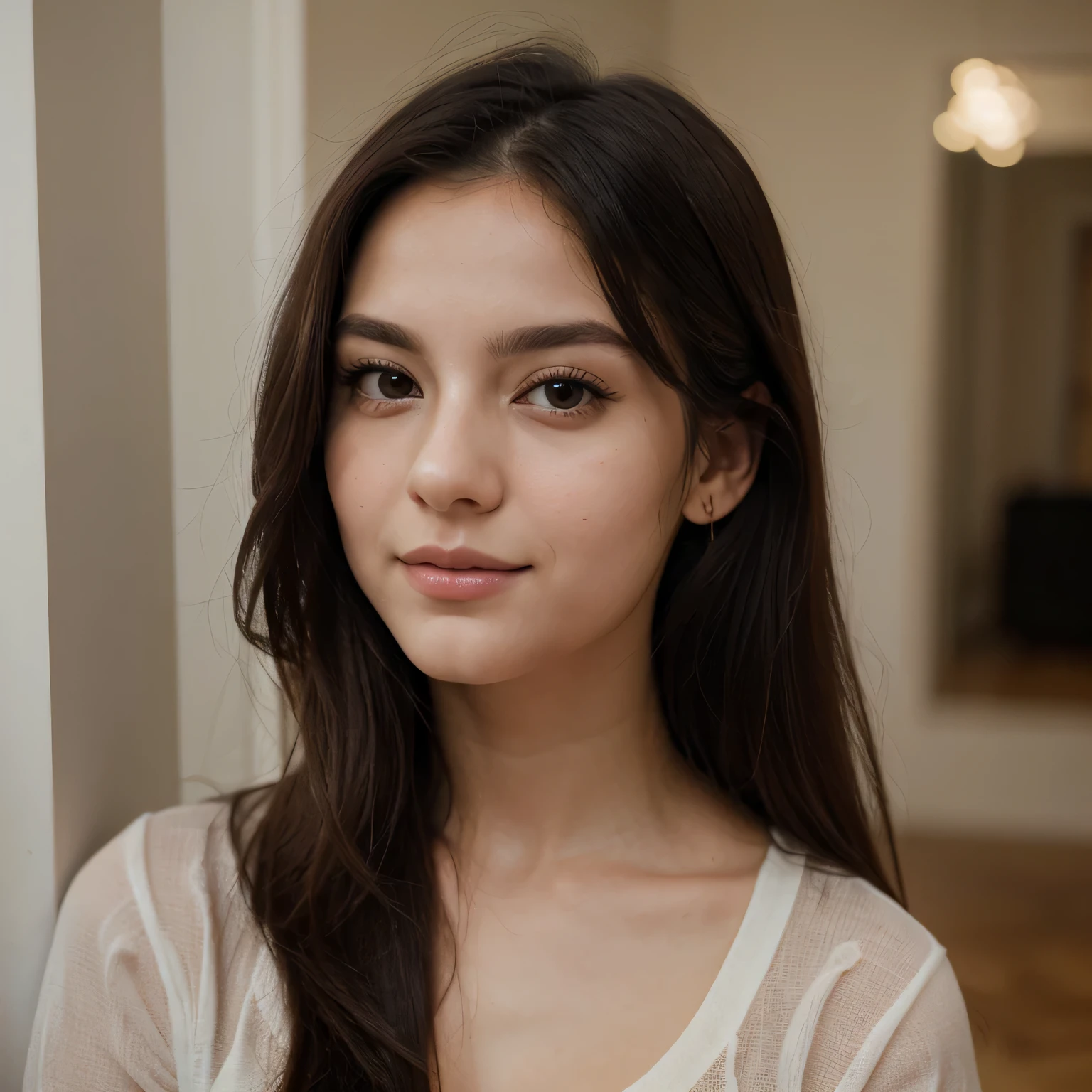 Masterpiece、highest quality、high resolution、Eleonora Pavinato, 23 years old, Younger headshot, looking cute, cute pose, Beautiful busty girl, Black long hair, cute pose, candid photography, wearing casual clothing, looking at the camera, brown eyes