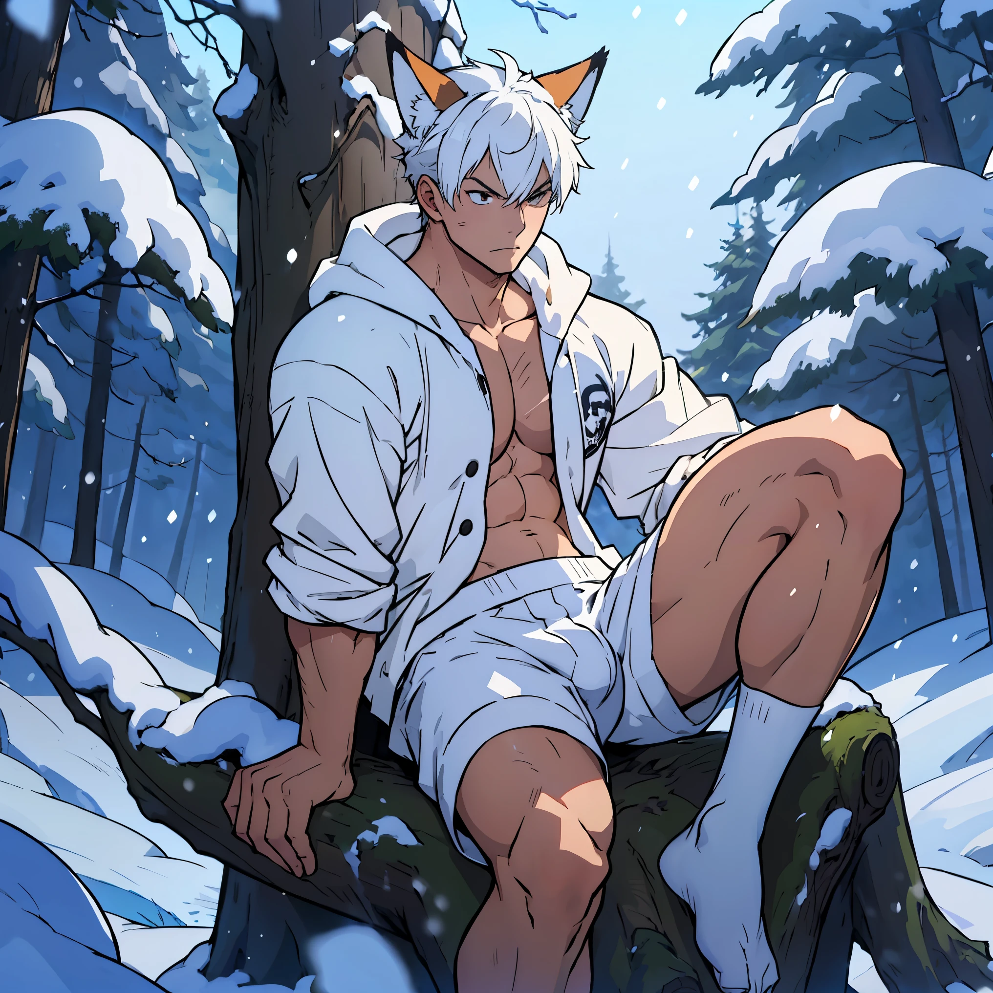 anime guy with white hair and fox ears and collar, (Full body), young guy, hair with modern bangs, masculine but young, No beard, (no clothing on upper body), just wearing white boxer shorts , sitting on a piece of tree trunk with snow , (Full body on display), Big bulge in underwear, in a snowing place, trees with snow in the background,    