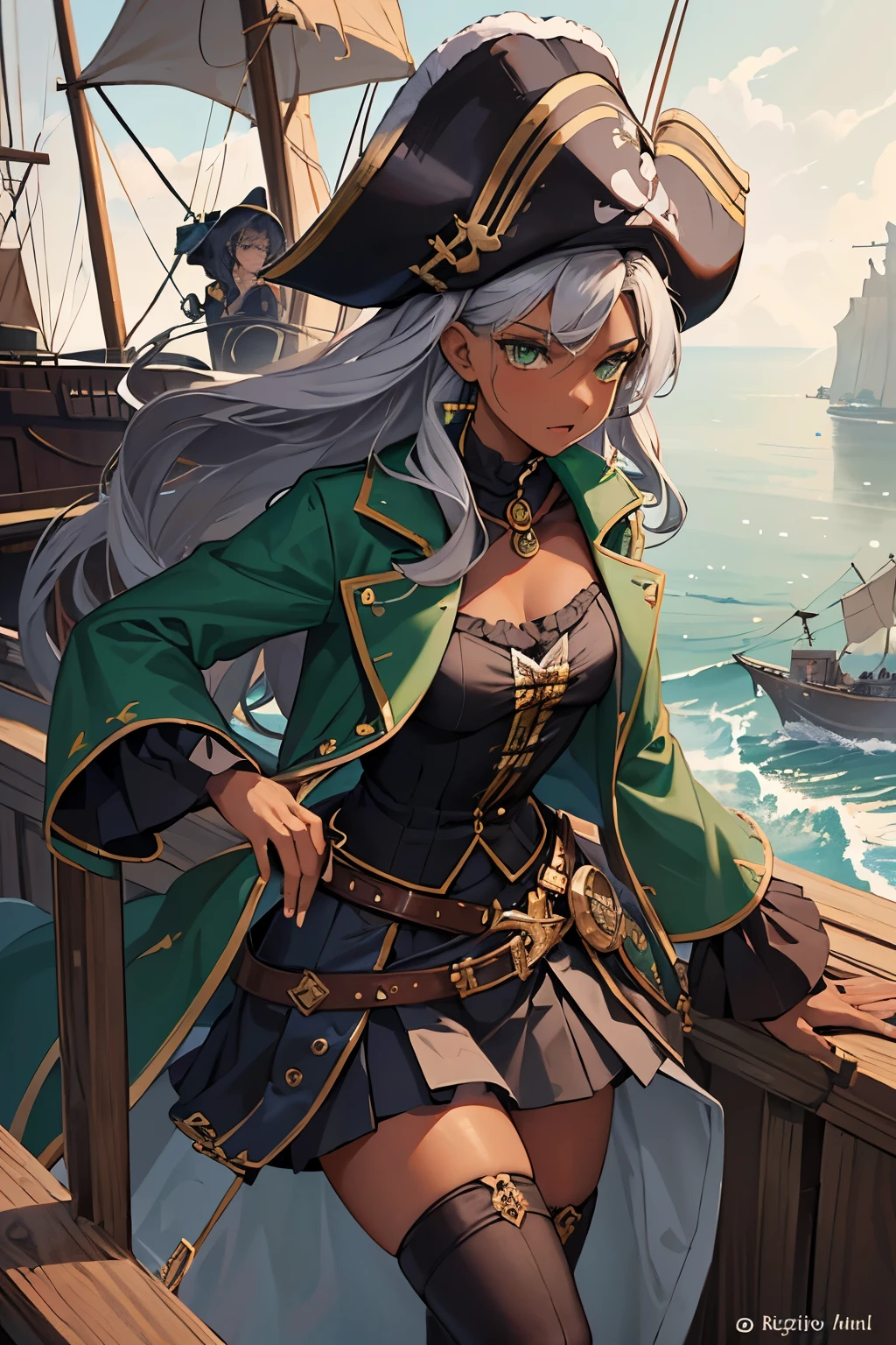 (alta qualidade), (obra de arte), 1 girl, 19 years old, dark skinned, dark green pirate clothes (pirate hat, coat, blouse, cute skirt), controlling water, port, old ships, whole body, grey hair, long hair, green eyes, excited, sharp looking,