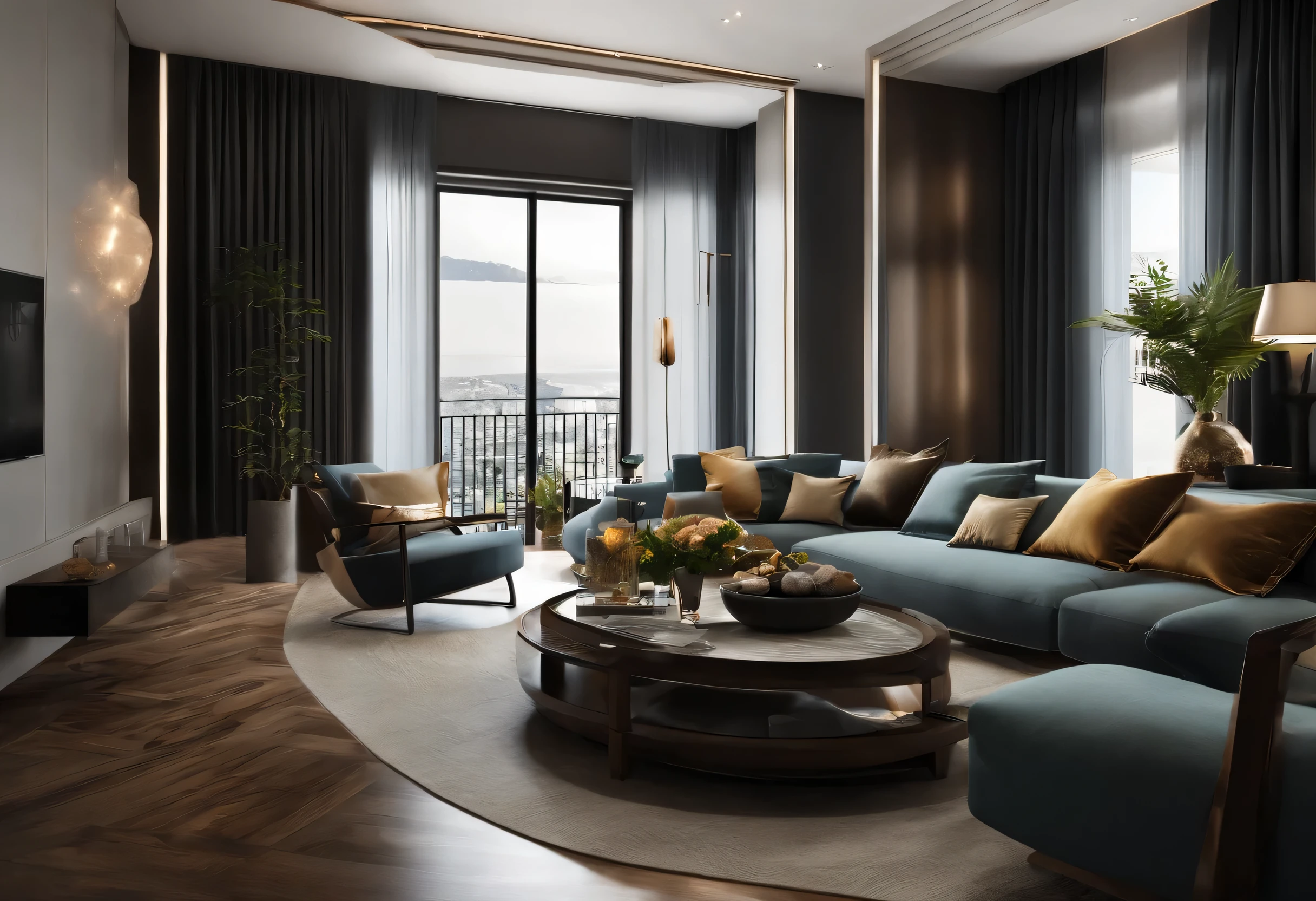 contemporary style naturally lit space; sala con 5 sillones de cuero de 3 colores, televisor de 50 pulgadas, lighted floor lamps, puertas de madera oscura, ventanas con cortinas al viento, dark marble floor coverings, muros de colores claros con grandes cuadros abstractos, ambiente al checer, calidad 8k