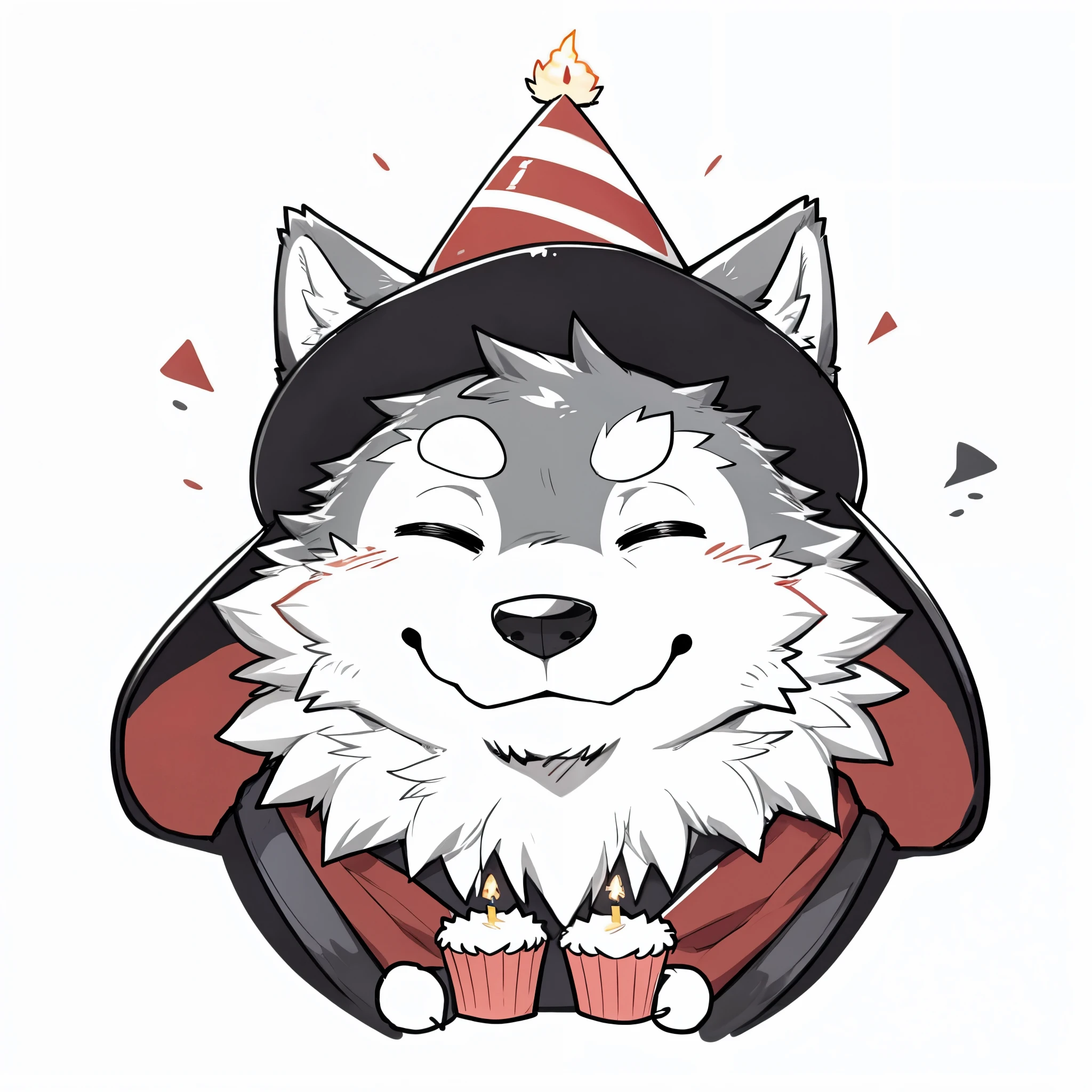 Scribble wolf face, ((cute)), anthro(wolf), simple background, printmaking style, gray-black fur, comic style, white beard, white belly, (knight costume, long red cherry cloak), (close up:1.5), by takemoto arashi, by kamyuel, by milkytiger1145, by 96panda, (holding yummy cupcake with candle), (birthday hat), (closed eyes blinking:1.5), generous smile, happy, (front view:1.5), (chibi:1.2)