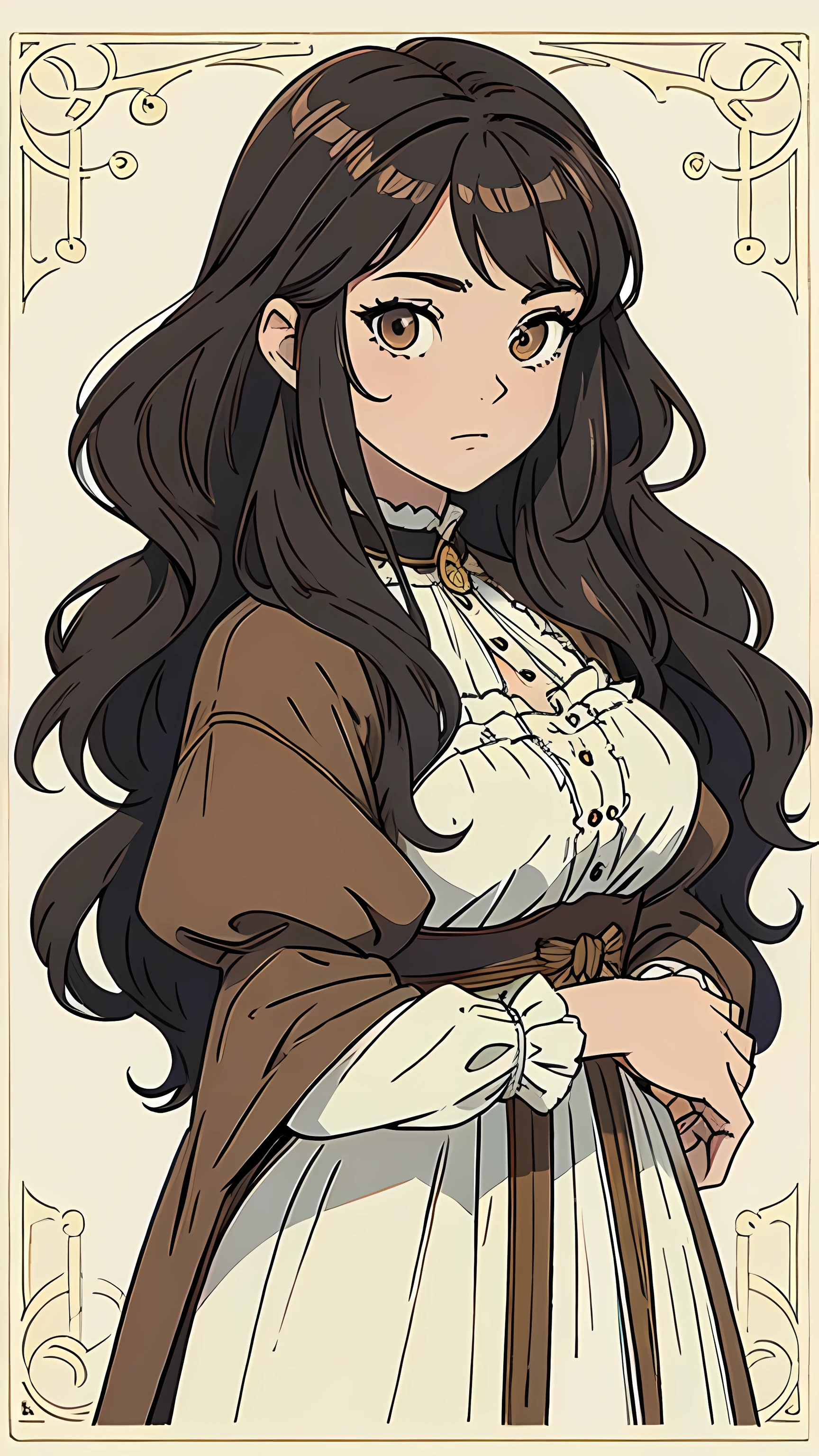very young woman, italian, light skin, brown eyes, brown and black curly long hair,, wearing peasant style Victorian era clothing, 2D comic style, 2D anime style, with a white background