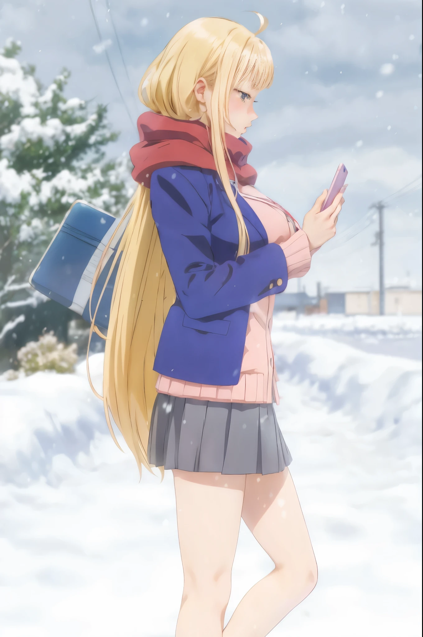 anime girl in a short skirt and jacket looking at her cell phone, beautiful anime high school girl, anime visual of a cute girl, official anime still, anime best girl, still from tv anime, kyoto animation still, anime still image, anime still, in the anime film, nagatoro, blonde anime girl with long hair, high resolution!!, in the snow