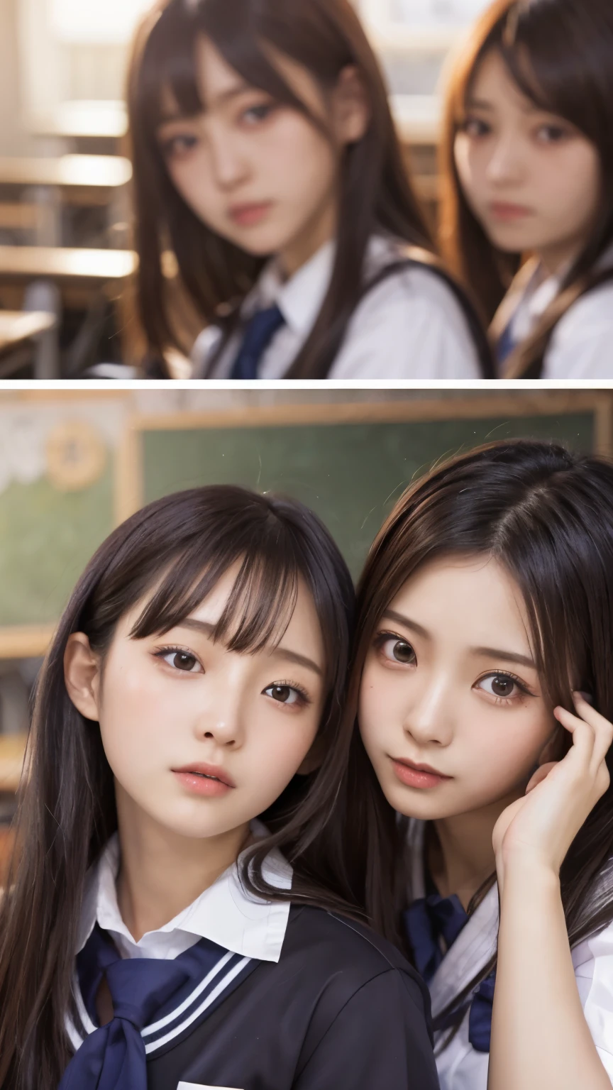 Masterpiece, 4K, bokeh, school uniform, Beautiful girls, group photo, harem, multiple girls, (Japanese idle:1.6), Bob hair, close up, classroom, sunset, Looking at the viewer, cowboy shot