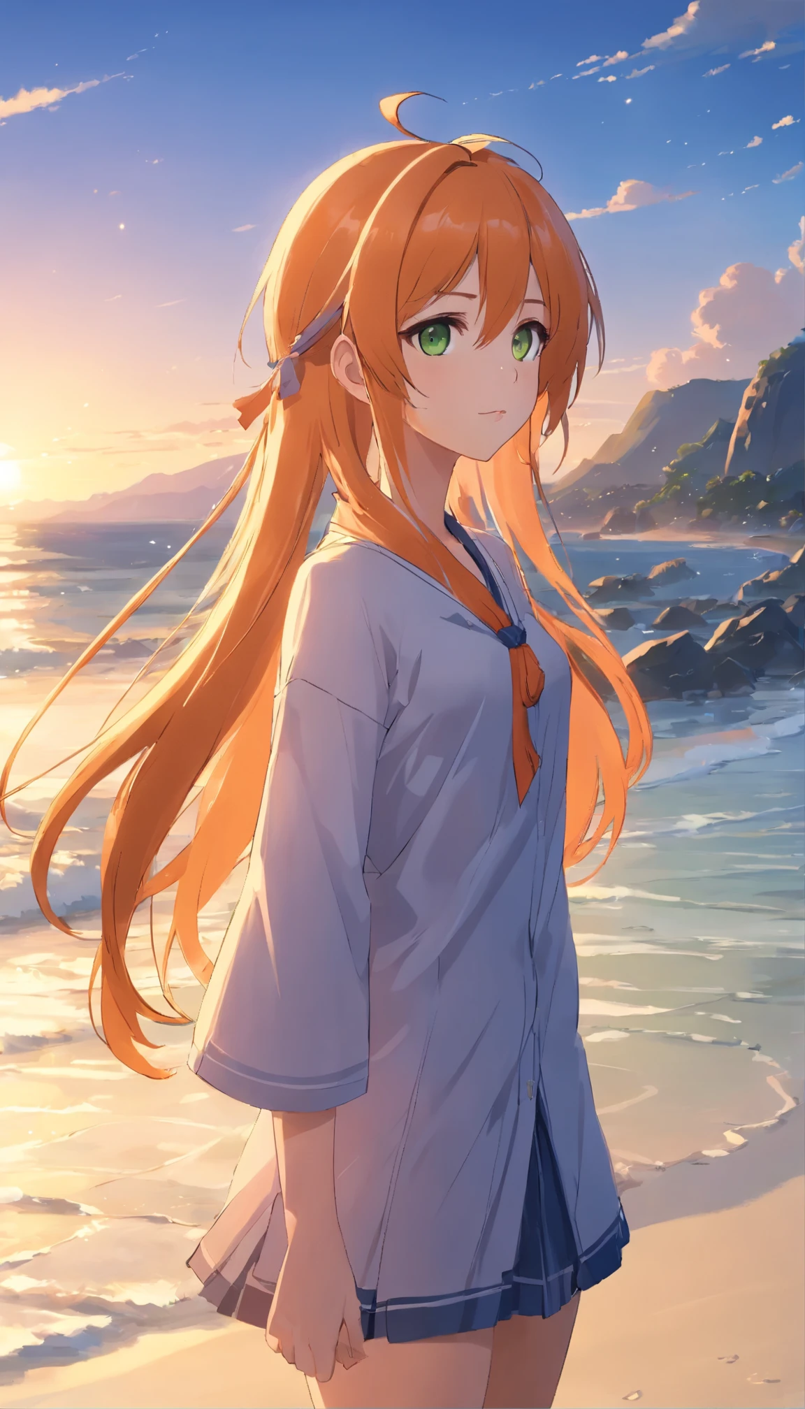 Anime girl with long orange hair, standing on the beach near the ocean, green eyes detailed digital anime art, Anime girl with long hair, гладкое аниме cg art, Anime girl with long hair, digital anime art, work in Guweiz style, Beautiful anime portrait, Photorealistic render of an anime girl, Beautiful anime girl, advanced digital anime art, guweiz на artstation pixiv HD UHD HQ