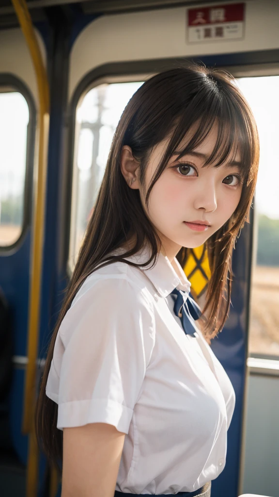(masterpiece:1.2, highest quality), bokeh, 1 high school girl, 
(Japanese idle:1.6), Plump breast, Blushed face, Looking at the viewer, standing at the train railway, high school uniform:1.6), sundown, Close up, 
