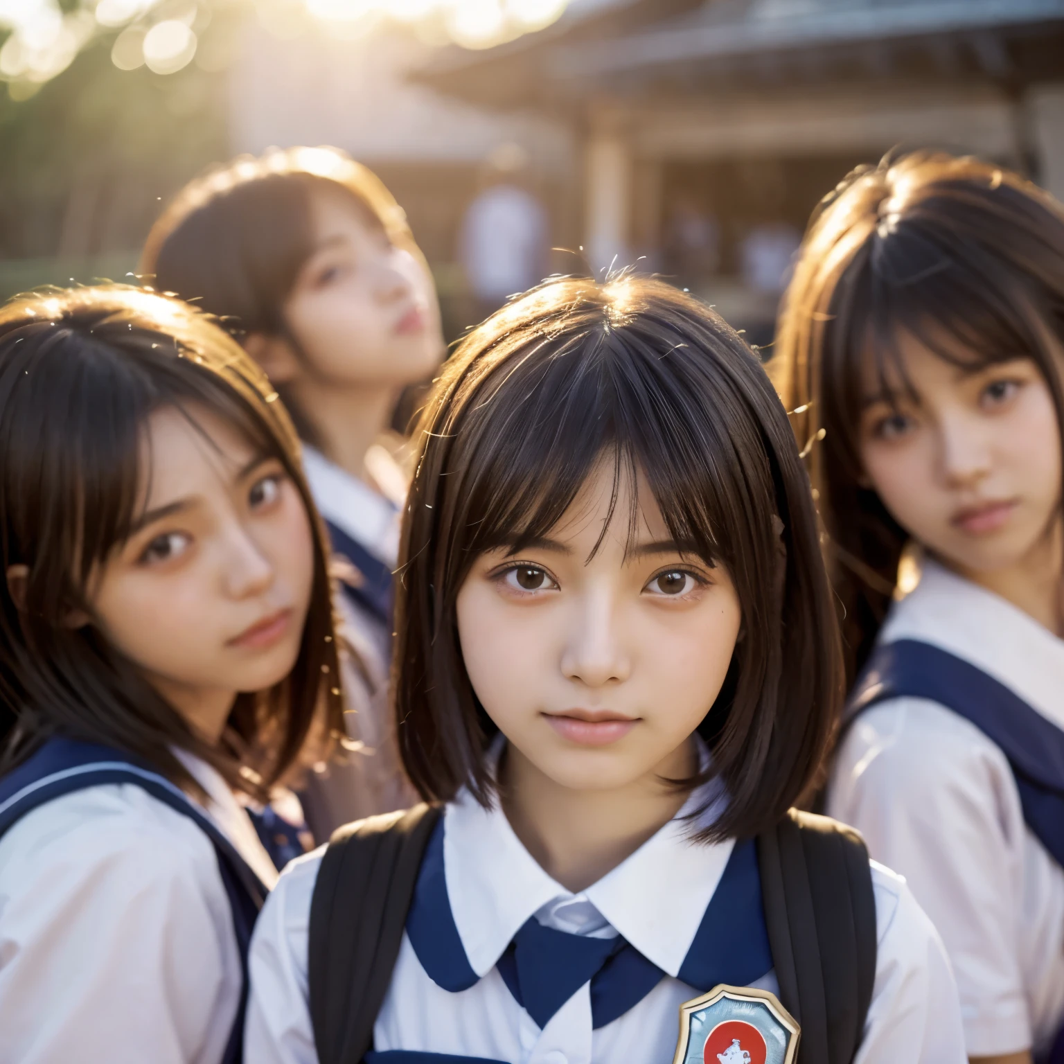 Masterpiece, 4K, bokeh, school uniform, Beautiful girls, group photo, harem, multiple girls, (Japanese idle:1.6), Bob hair, close up, classroom, sunset, Looking at the viewer, cowboy shot