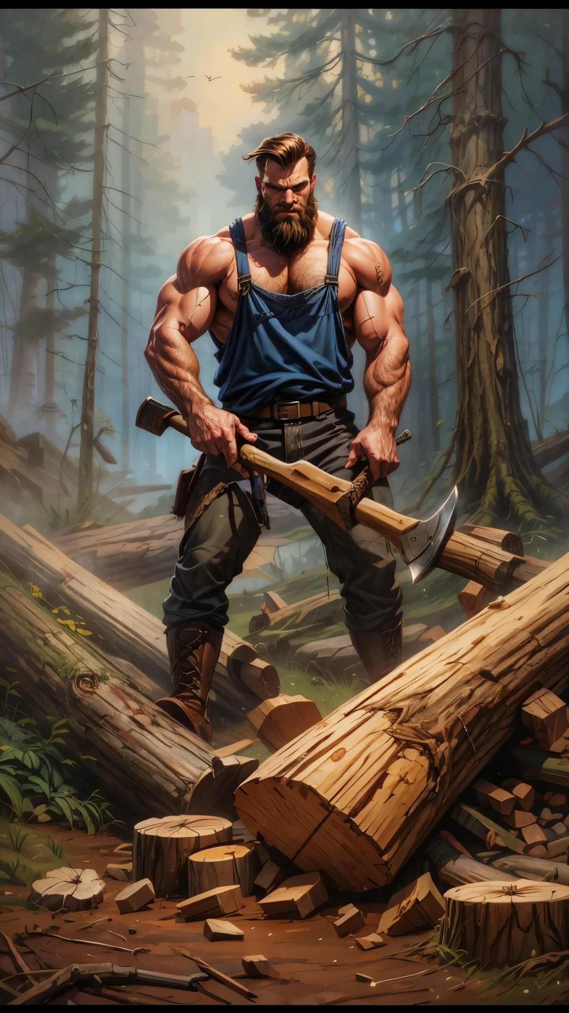 painting of a man with a beard and a beardless shirt holding a large axe, lumberjack, inspired by Joe Jusko, by Tim Hildebrandt, by Joe Jusko, by Johannes Helgeson, with an axe, stefan koidl inspired, inspired by Ryan Barger, inspired by mark keathley, by Ryan Barger, greg hildebrandt highly detailed